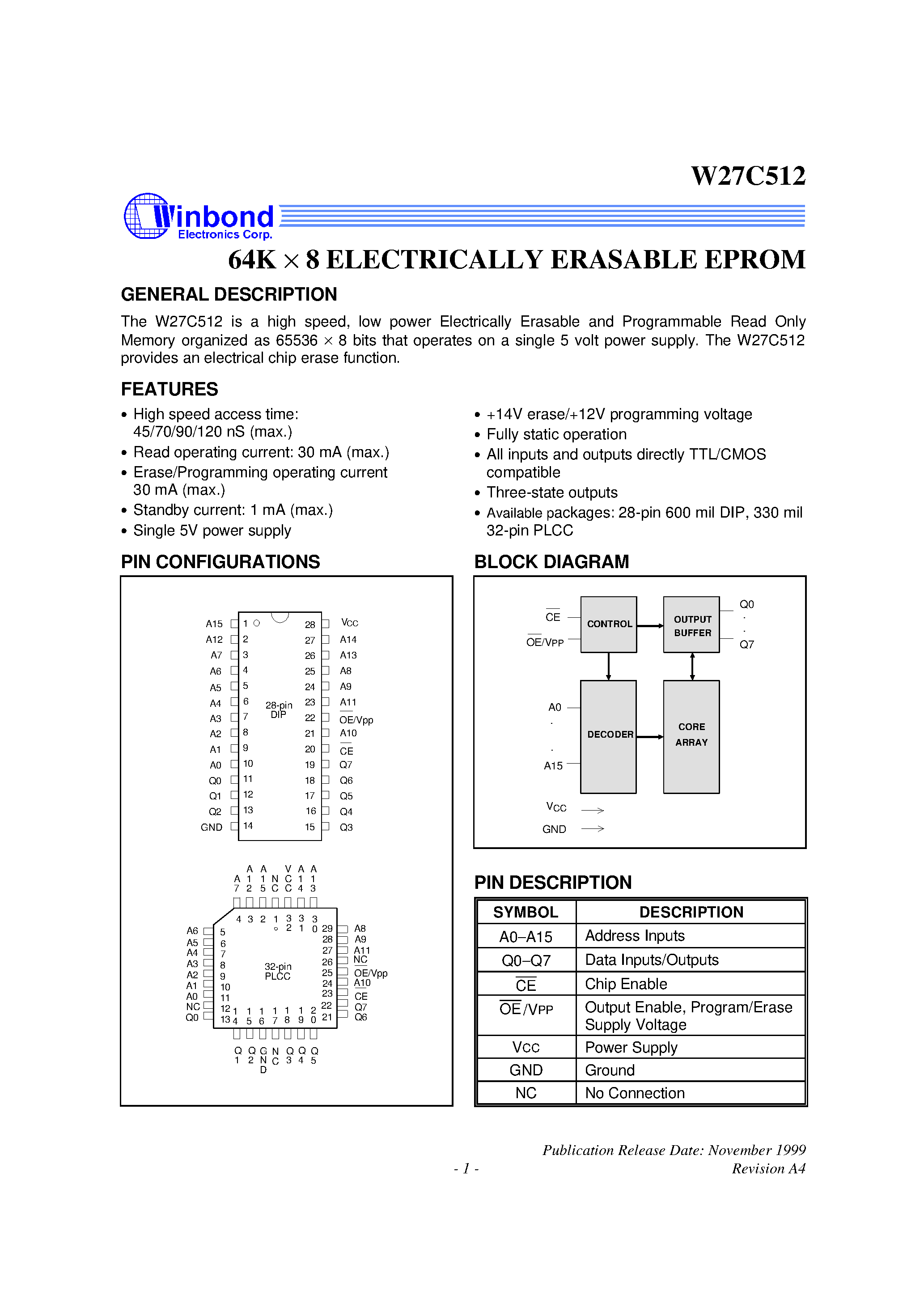 Datasheet W27C512 - 64K X 8 ELECTRICALLY ERASABLE EPROM page 1