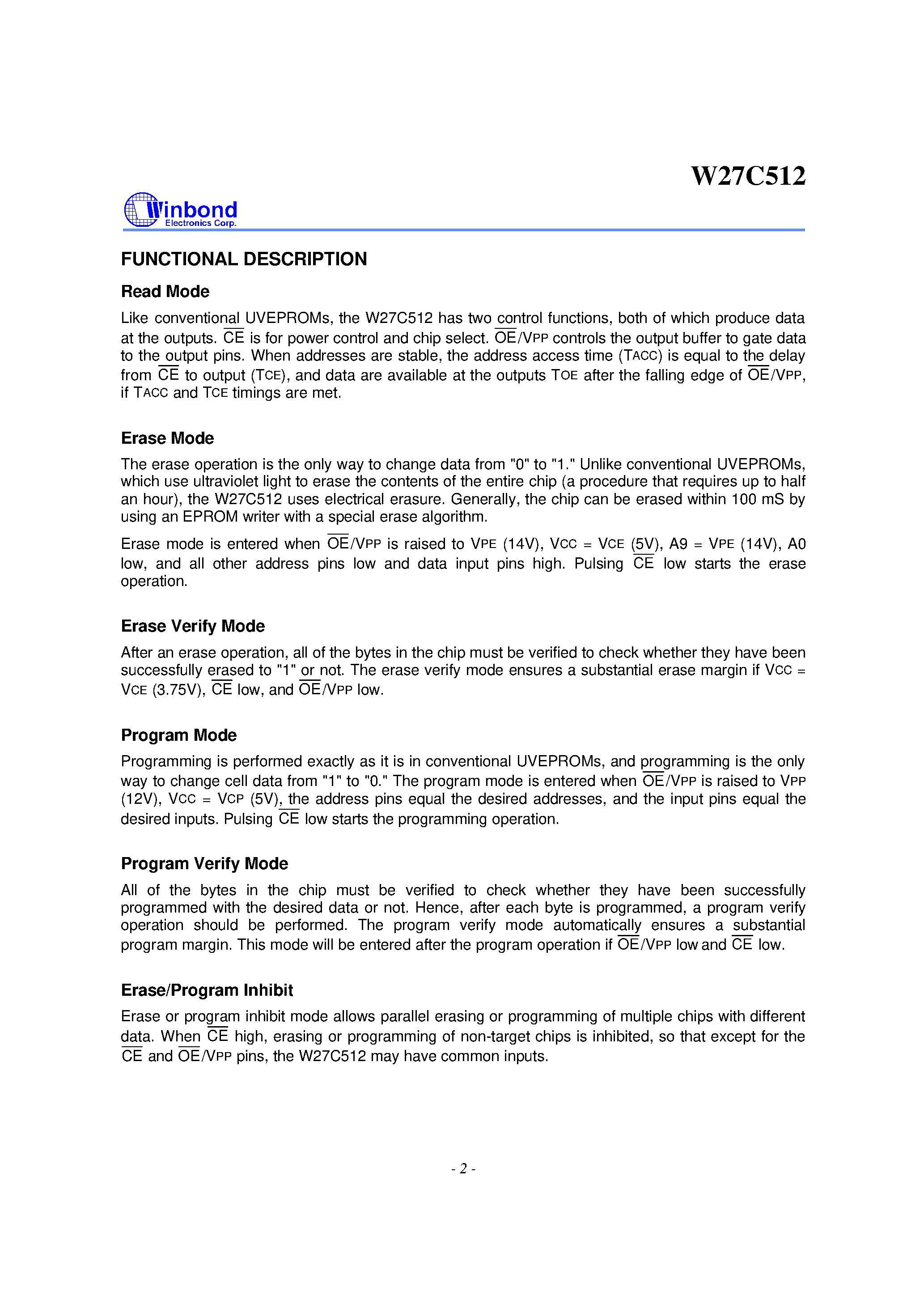 Datasheet W27C512 - 64K X 8 ELECTRICALLY ERASABLE EPROM page 2