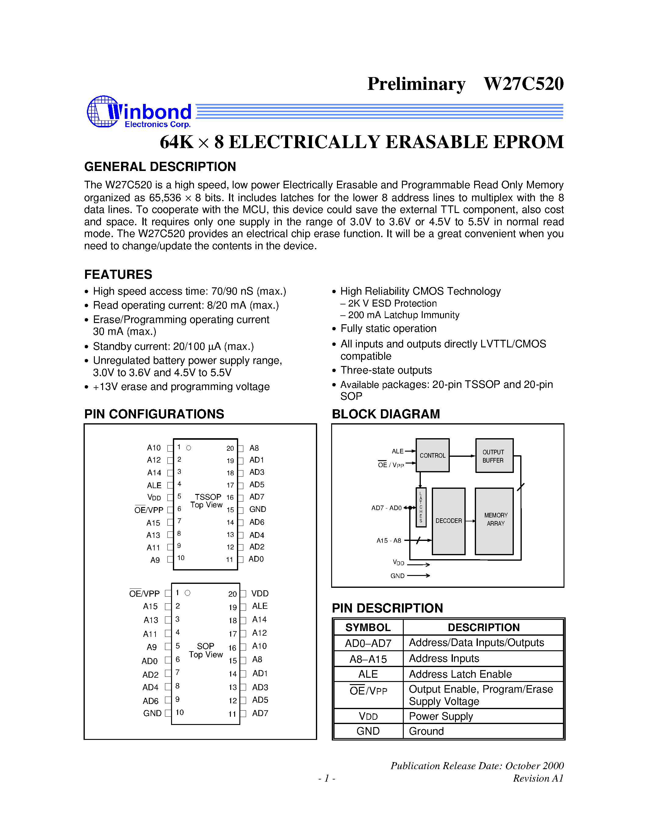 Datasheet W27C520 - 64K X 8 ELECTRICALLY ERASABLE EPROM page 1