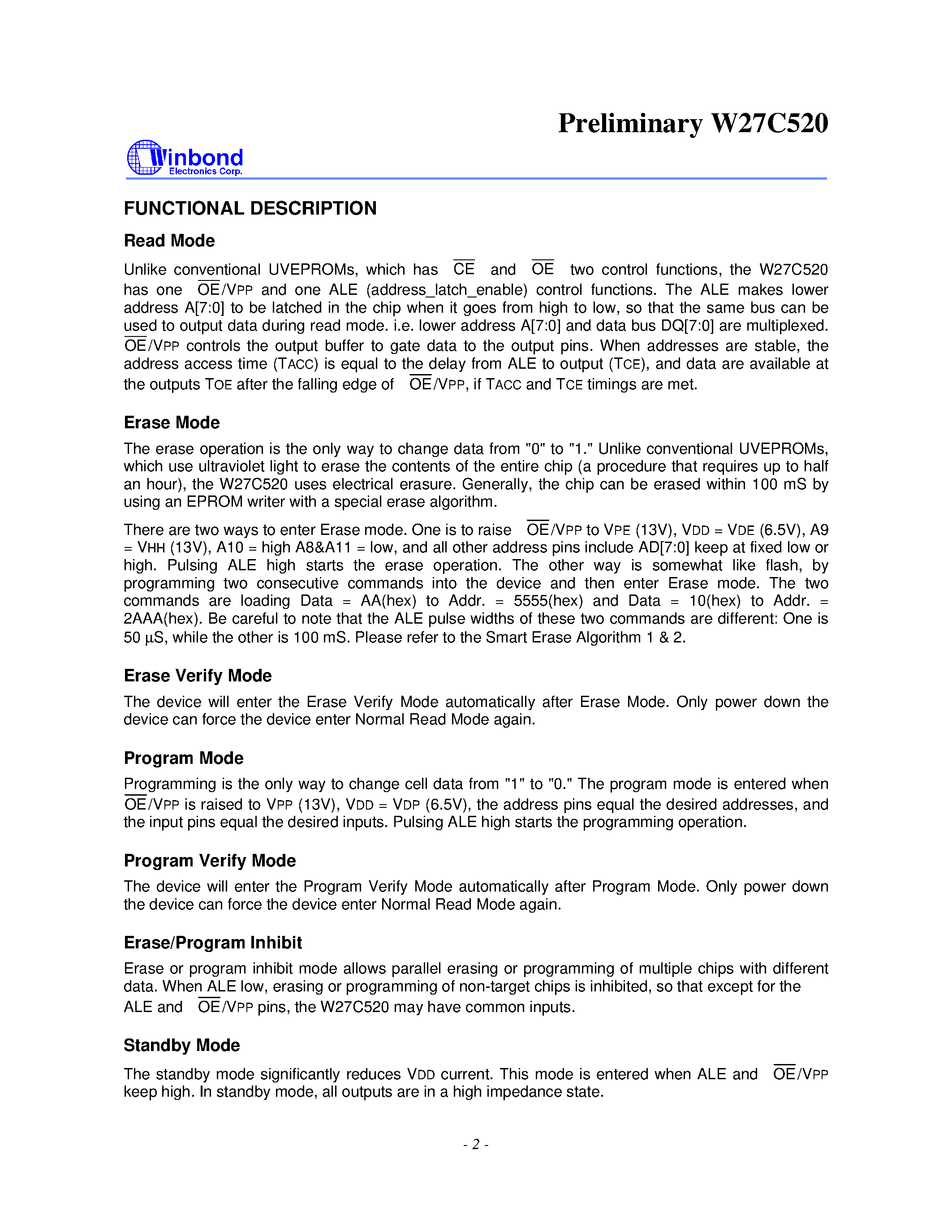 Datasheet W27C520 - 64K X 8 ELECTRICALLY ERASABLE EPROM page 2