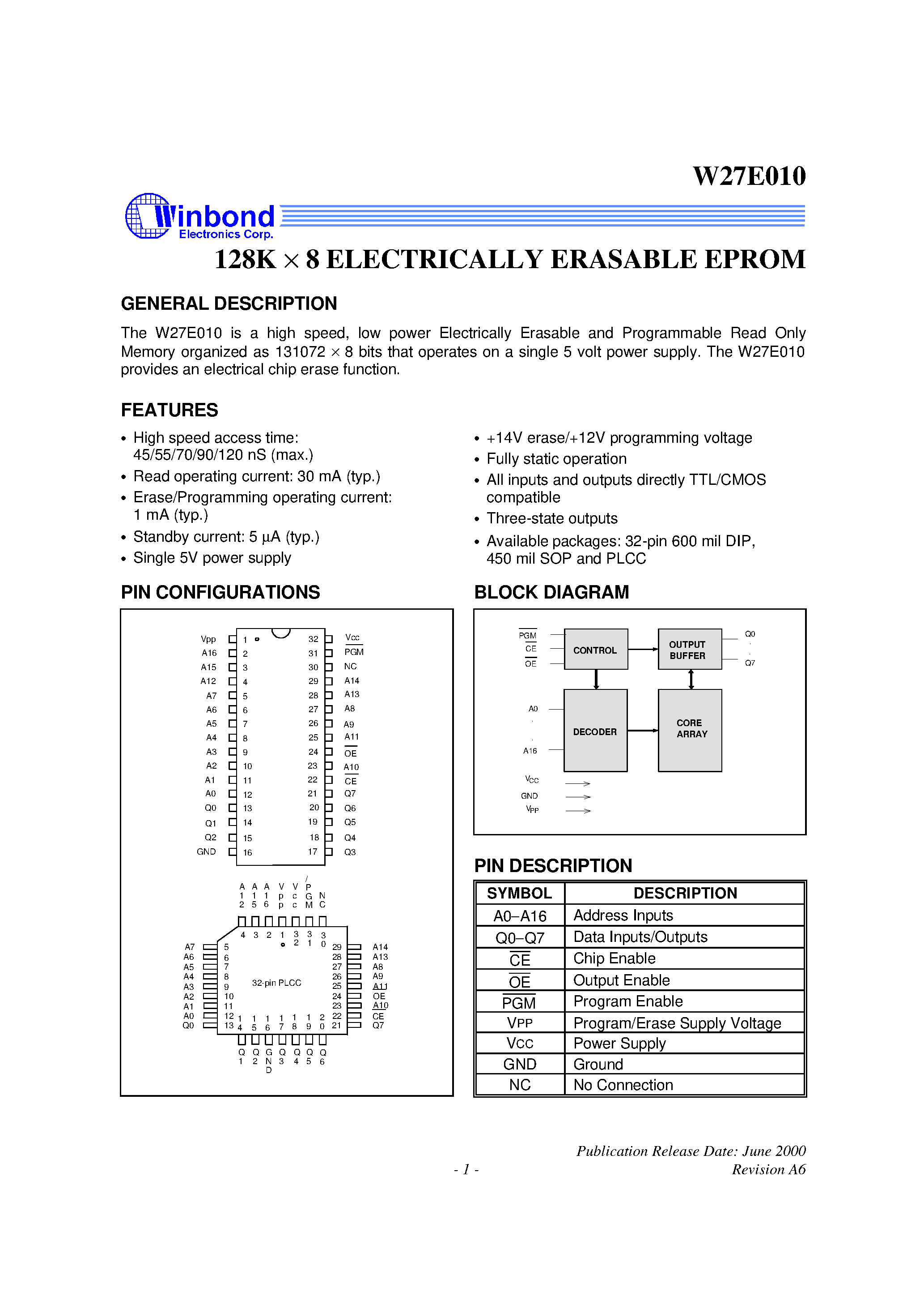 Datasheet W27E010 - 128K X 8 ELECTRICALLY ERASABLE EPROM page 1