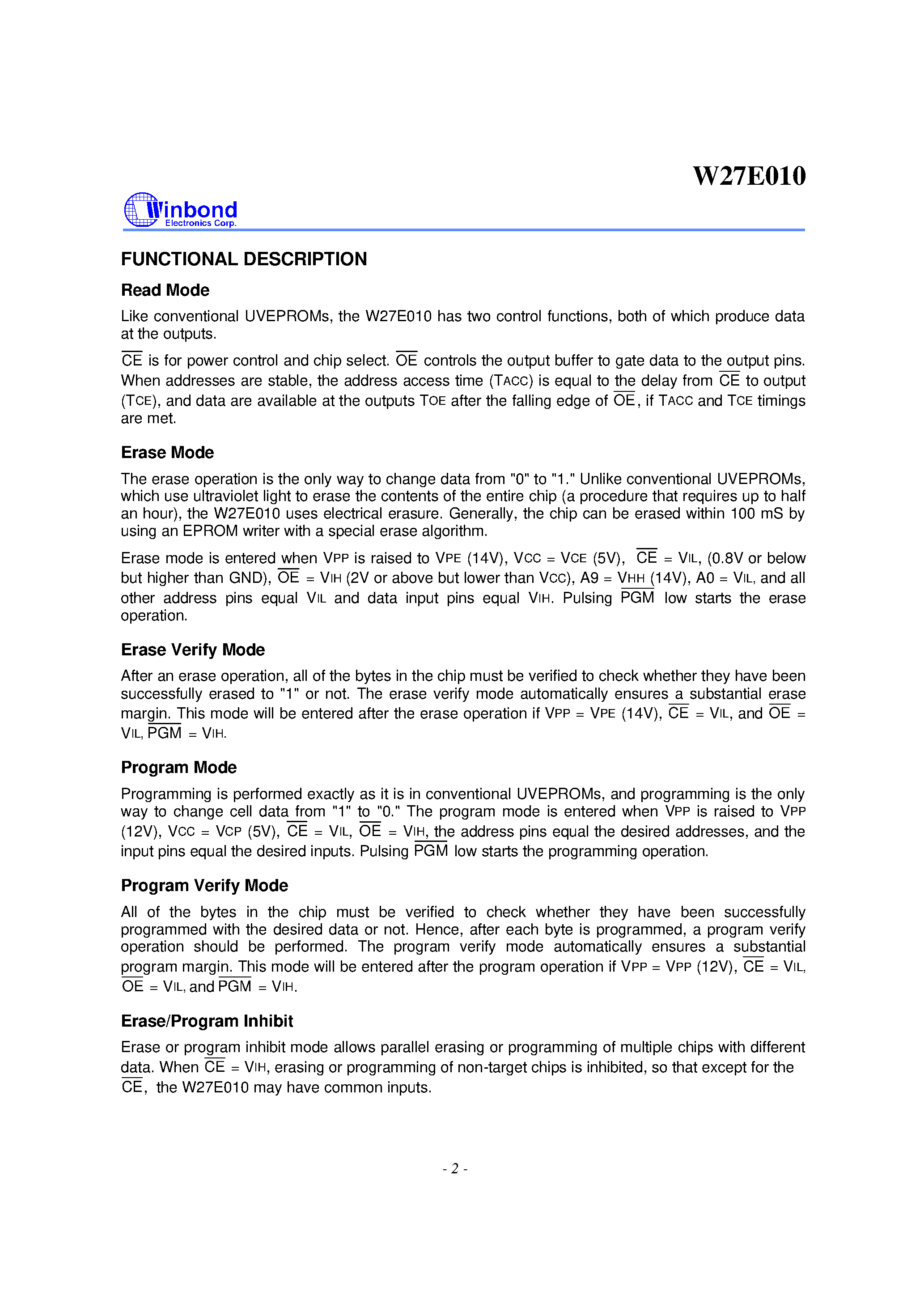 Datasheet W27E010 - 128K X 8 ELECTRICALLY ERASABLE EPROM page 2