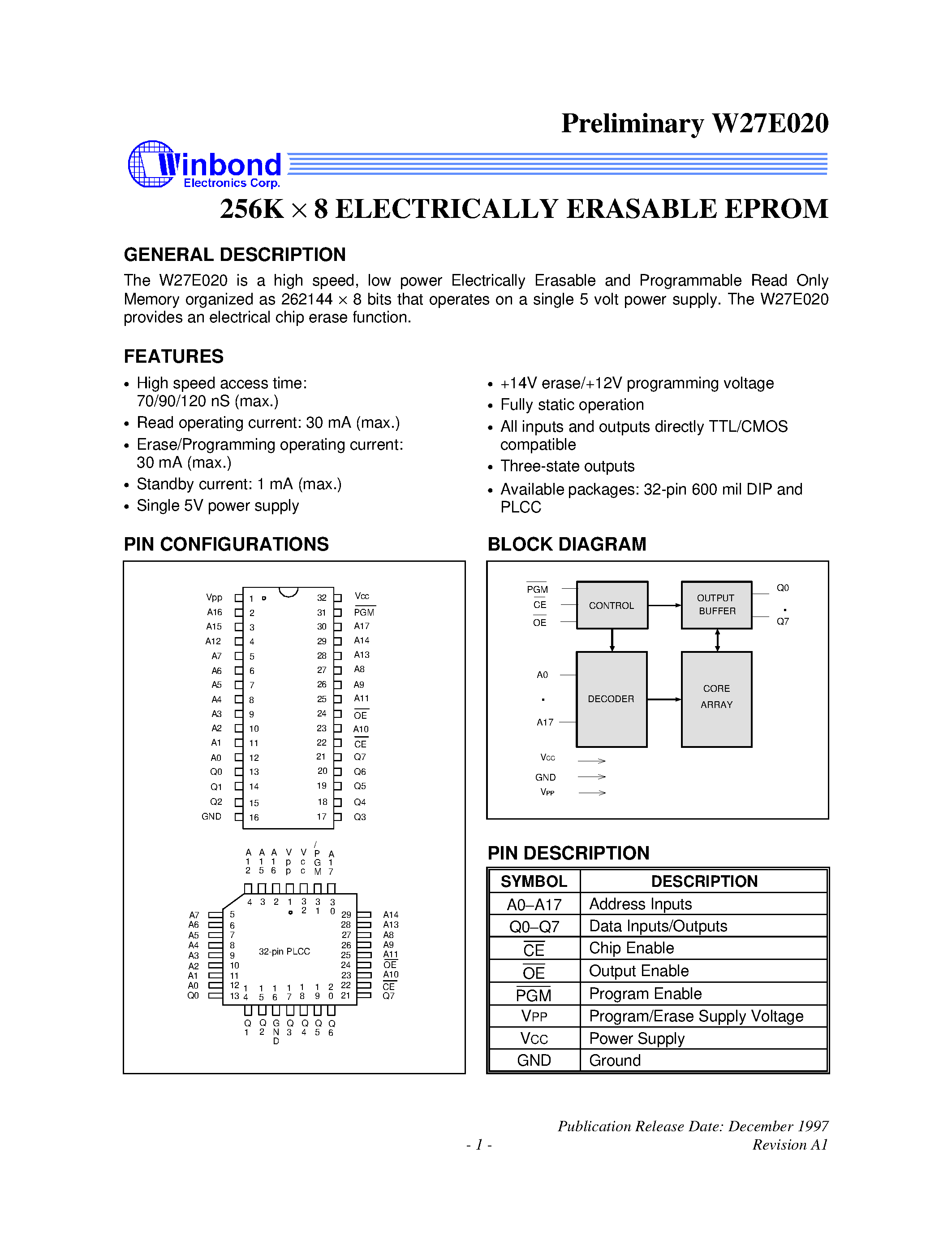 Datasheet W27E020 - 256K X 8 ELECTRICALLY ERASABLE EPROM page 1