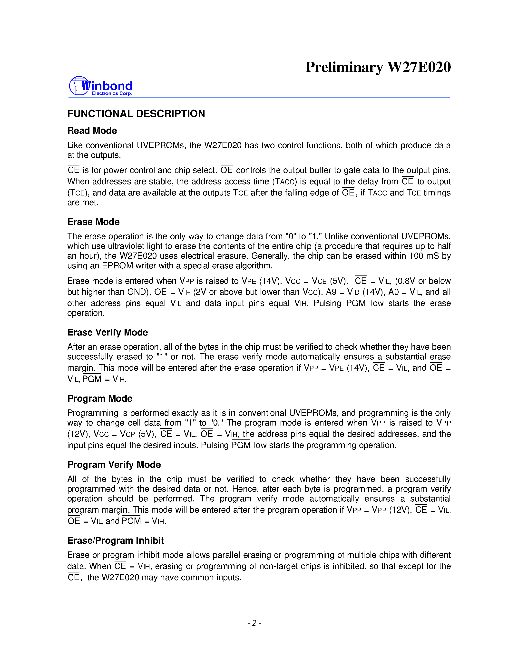 Datasheet W27E020 - 256K X 8 ELECTRICALLY ERASABLE EPROM page 2