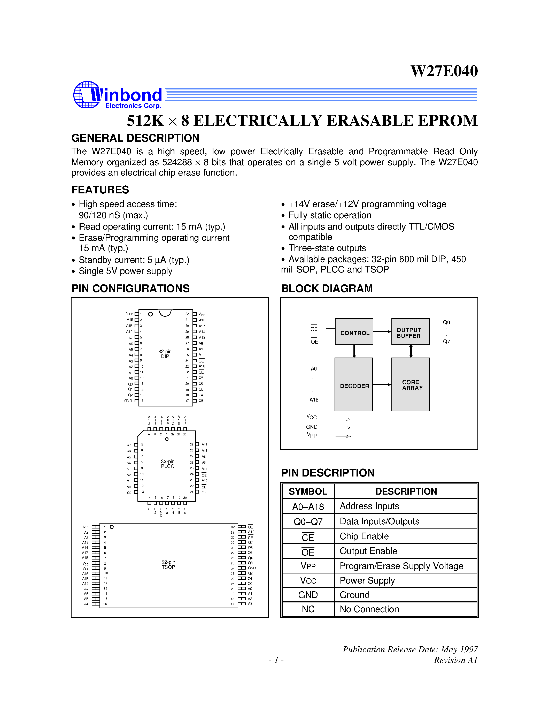 Datasheet W27E040 - 512K X 8 ELECTRICALLY ERASABLE EPROM page 1