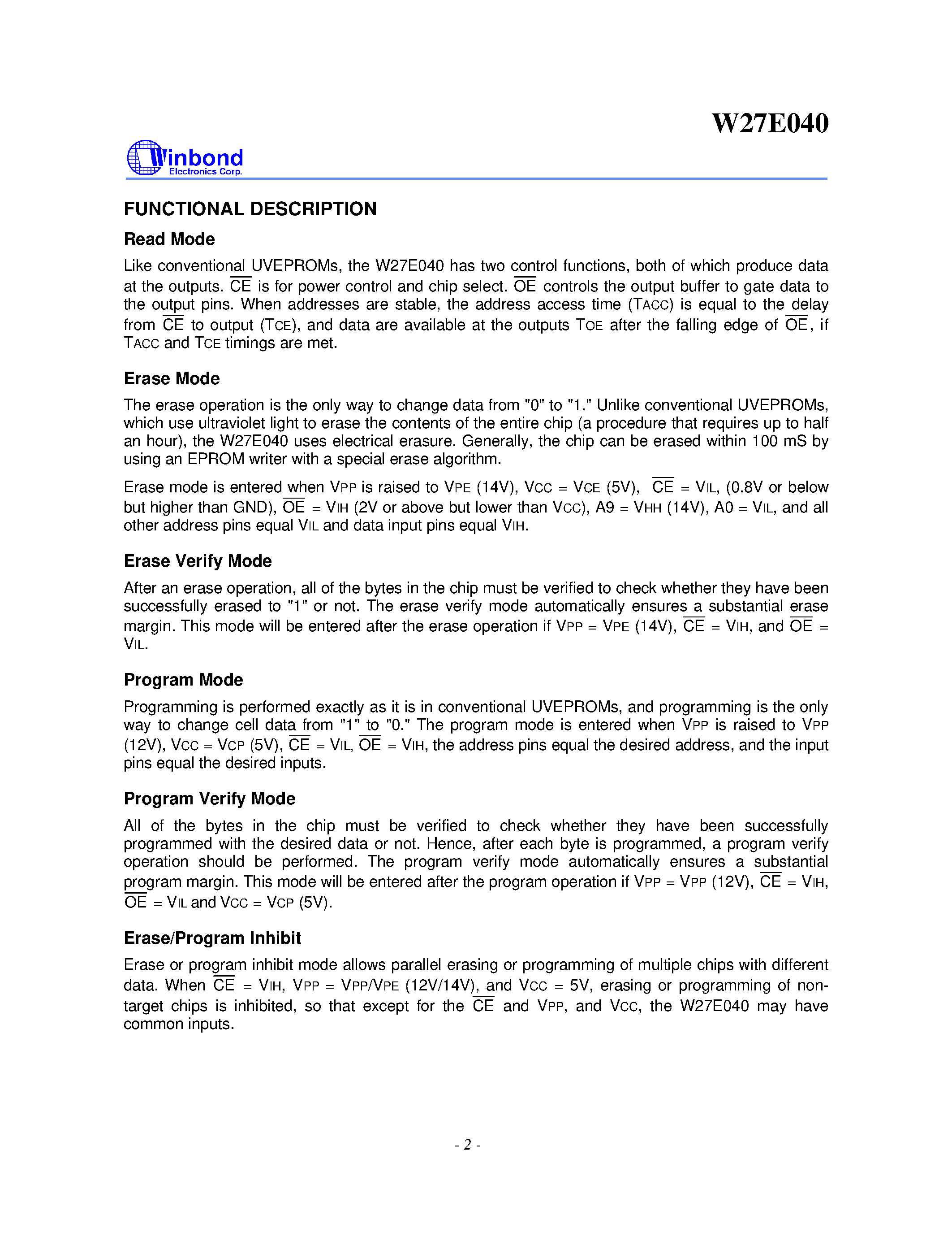 Datasheet W27E040 - 512K X 8 ELECTRICALLY ERASABLE EPROM page 2