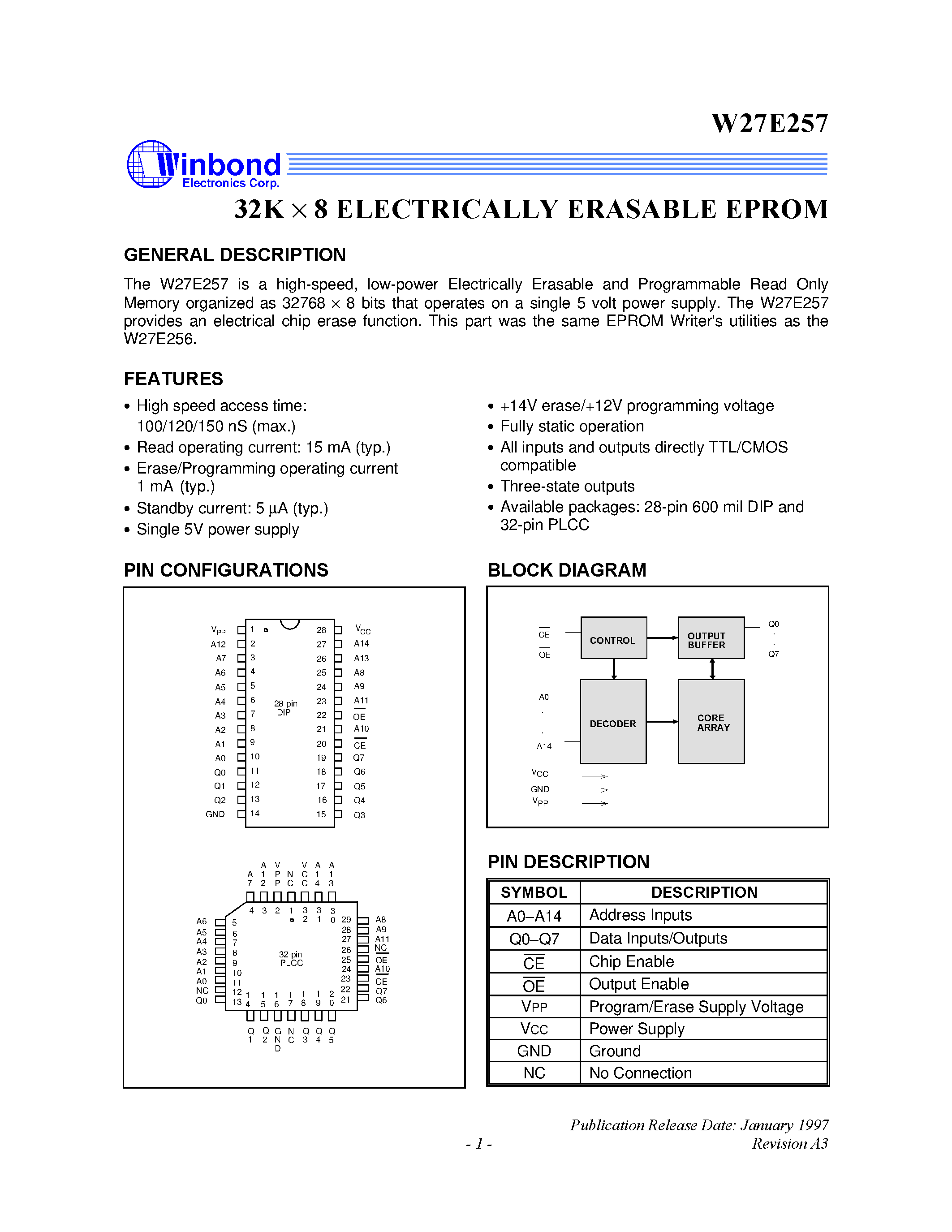 Datasheet W27E257 - 32K X 8 ELECTRICALLY ERASABLE EPROM page 1