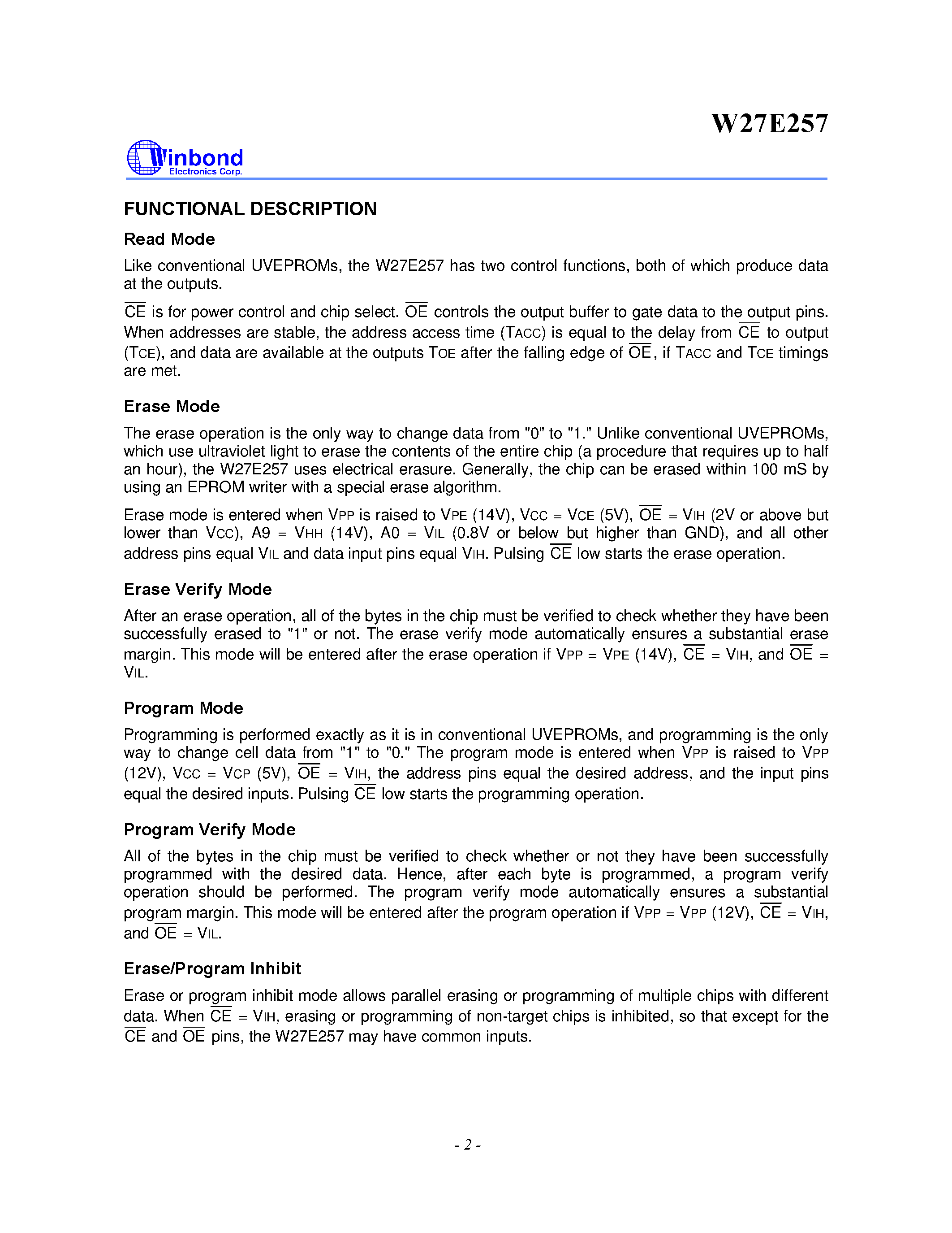 Datasheet W27E257 - 32K X 8 ELECTRICALLY ERASABLE EPROM page 2