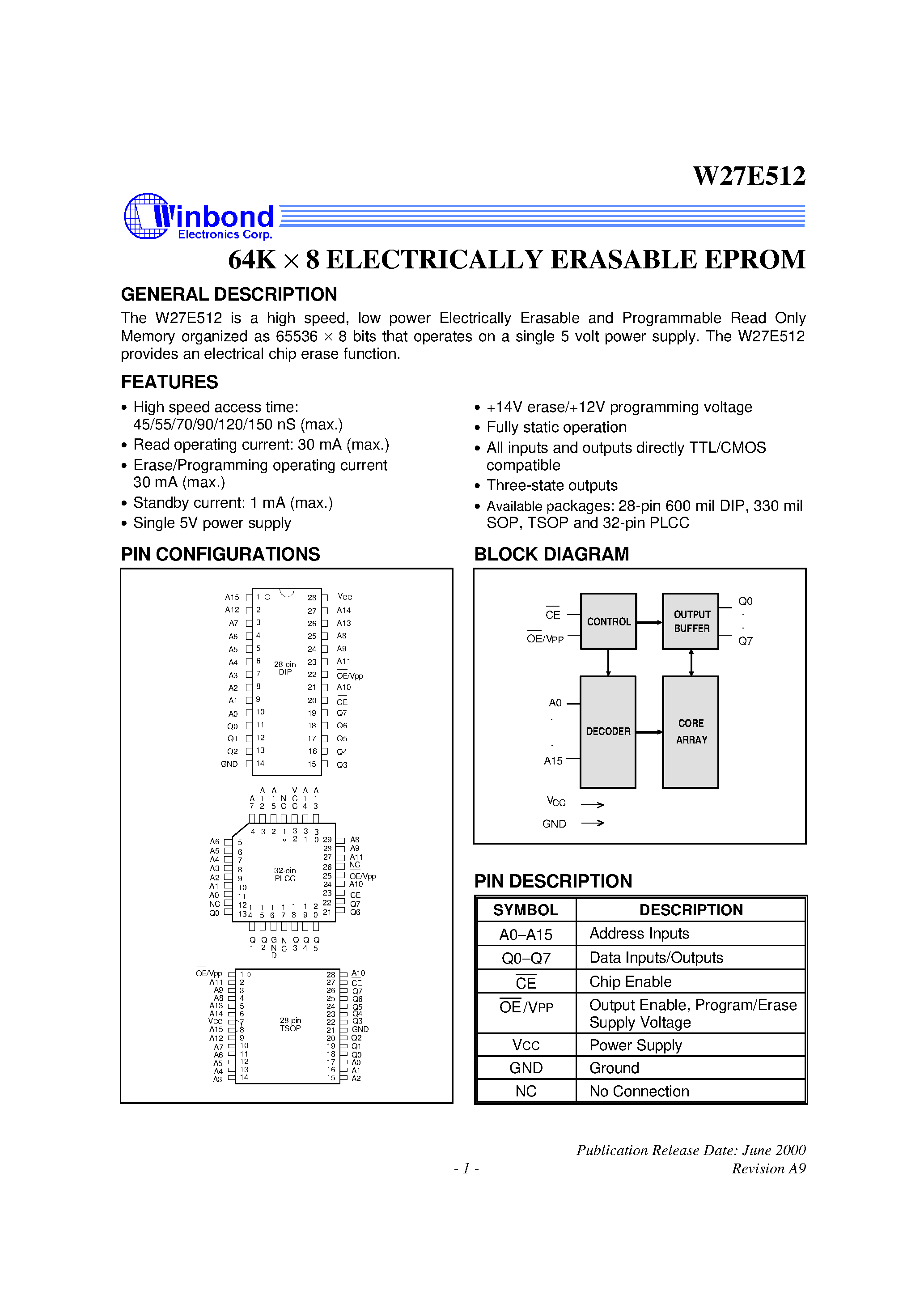 Datasheet W27E512 - 64K X 8 ELECTRICALLY ERASABLE EPROM page 1