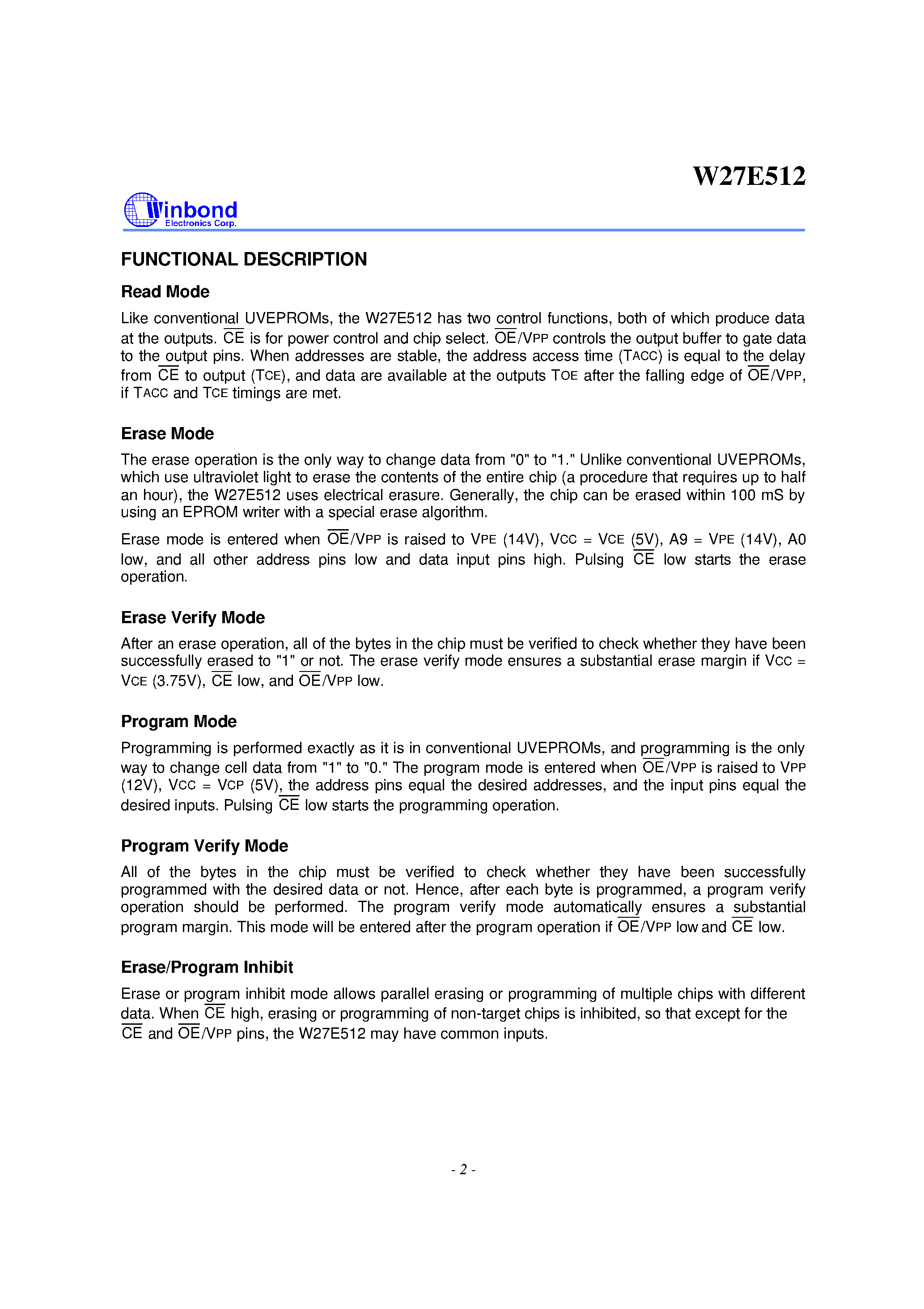 Datasheet W27E512 - 64K X 8 ELECTRICALLY ERASABLE EPROM page 2