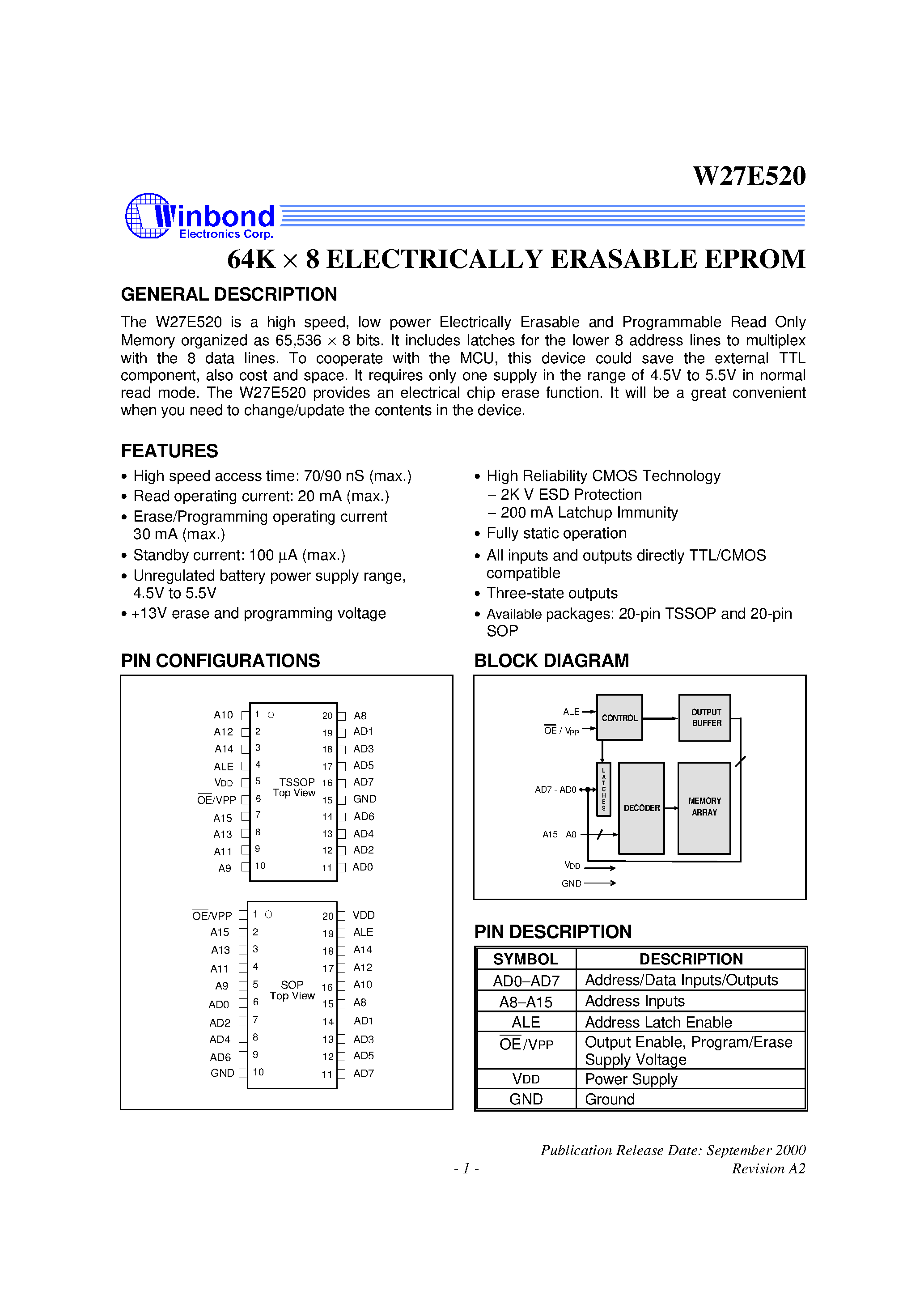 Datasheet W27E520 - 64K X 8 ELECTRICALLY ERASABLE EPROM page 1