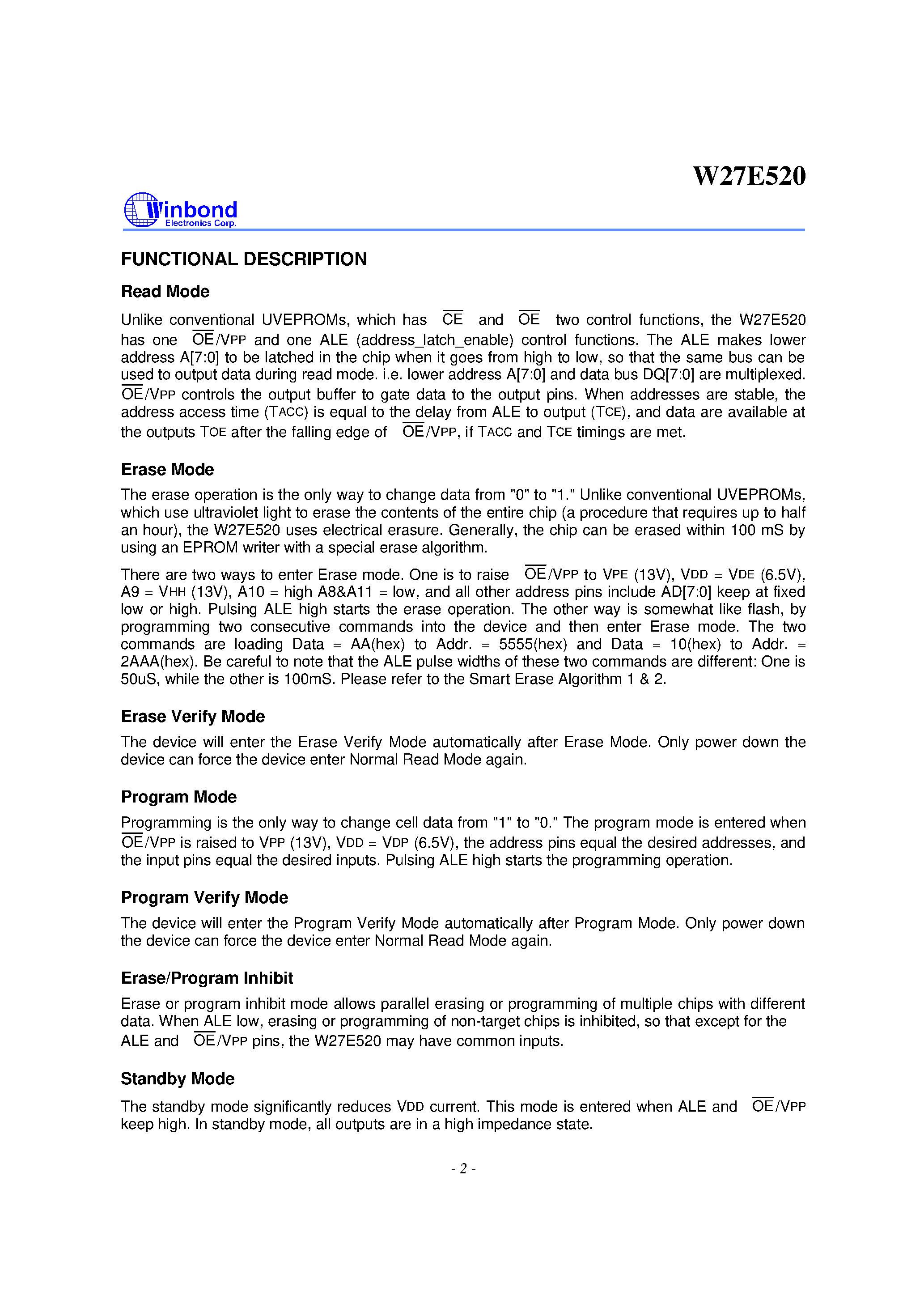 Datasheet W27E520 - 64K X 8 ELECTRICALLY ERASABLE EPROM page 2