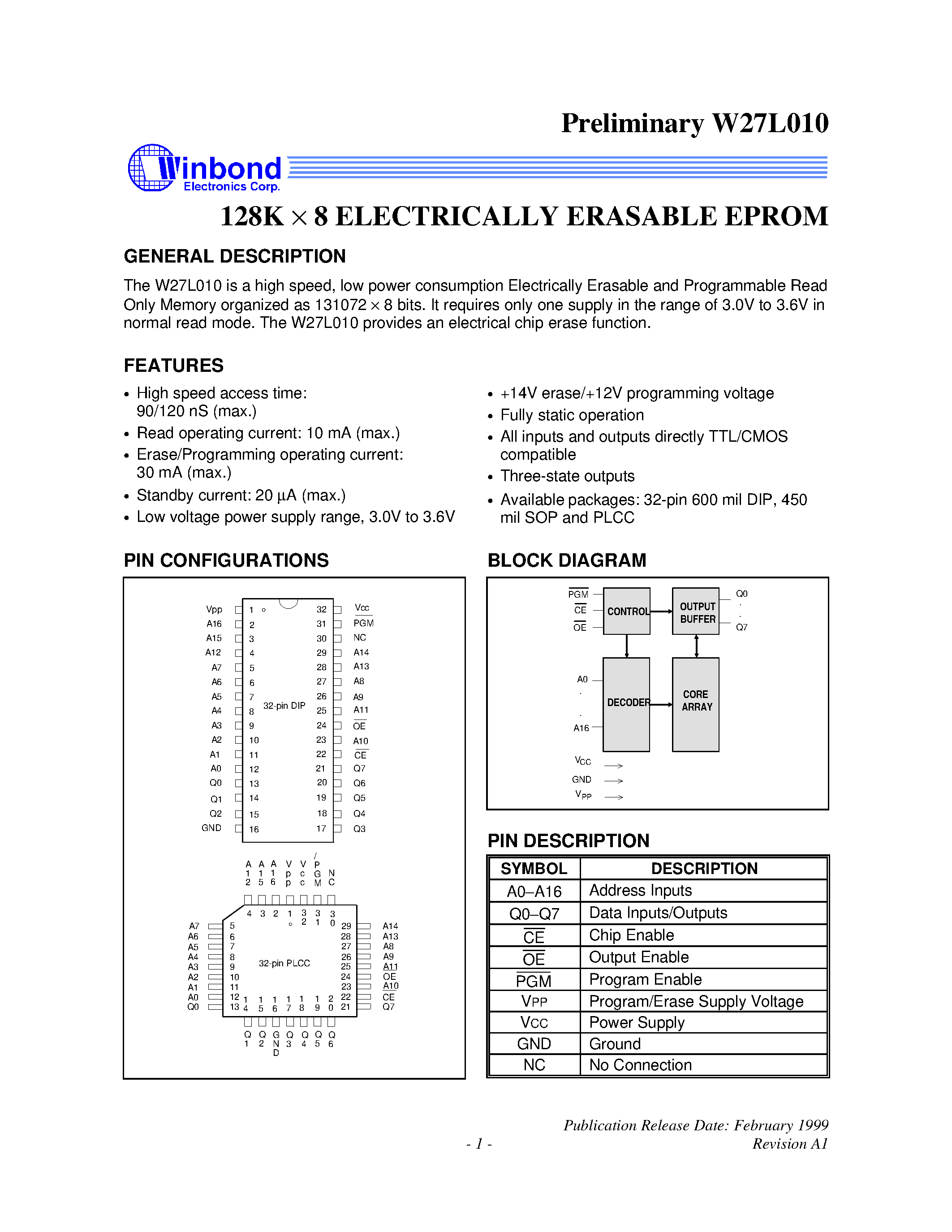 Даташит W27L010 - 128K 8 ELECTRICALLY ERASABLE EPROM страница 1