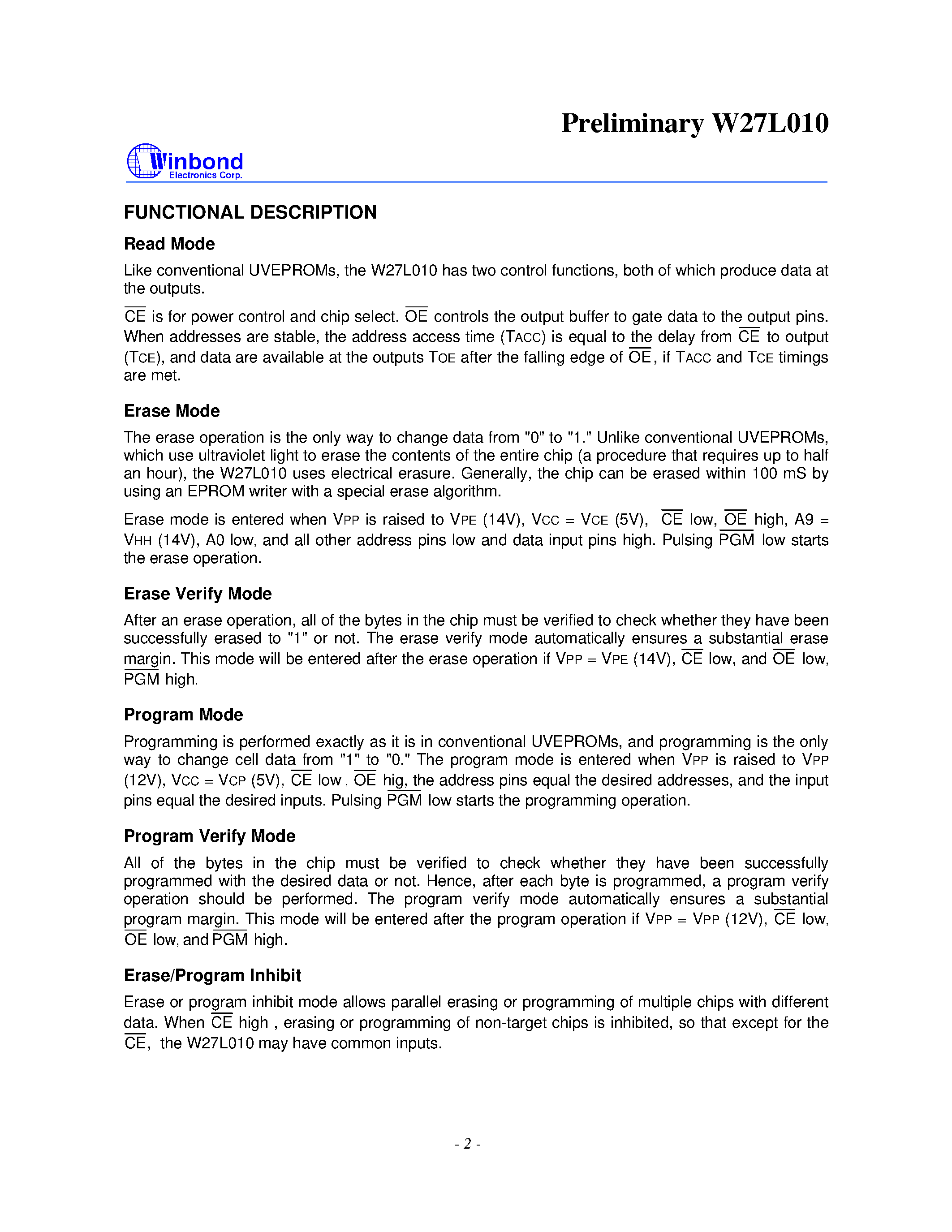 Даташит W27L010 - 128K 8 ELECTRICALLY ERASABLE EPROM страница 2