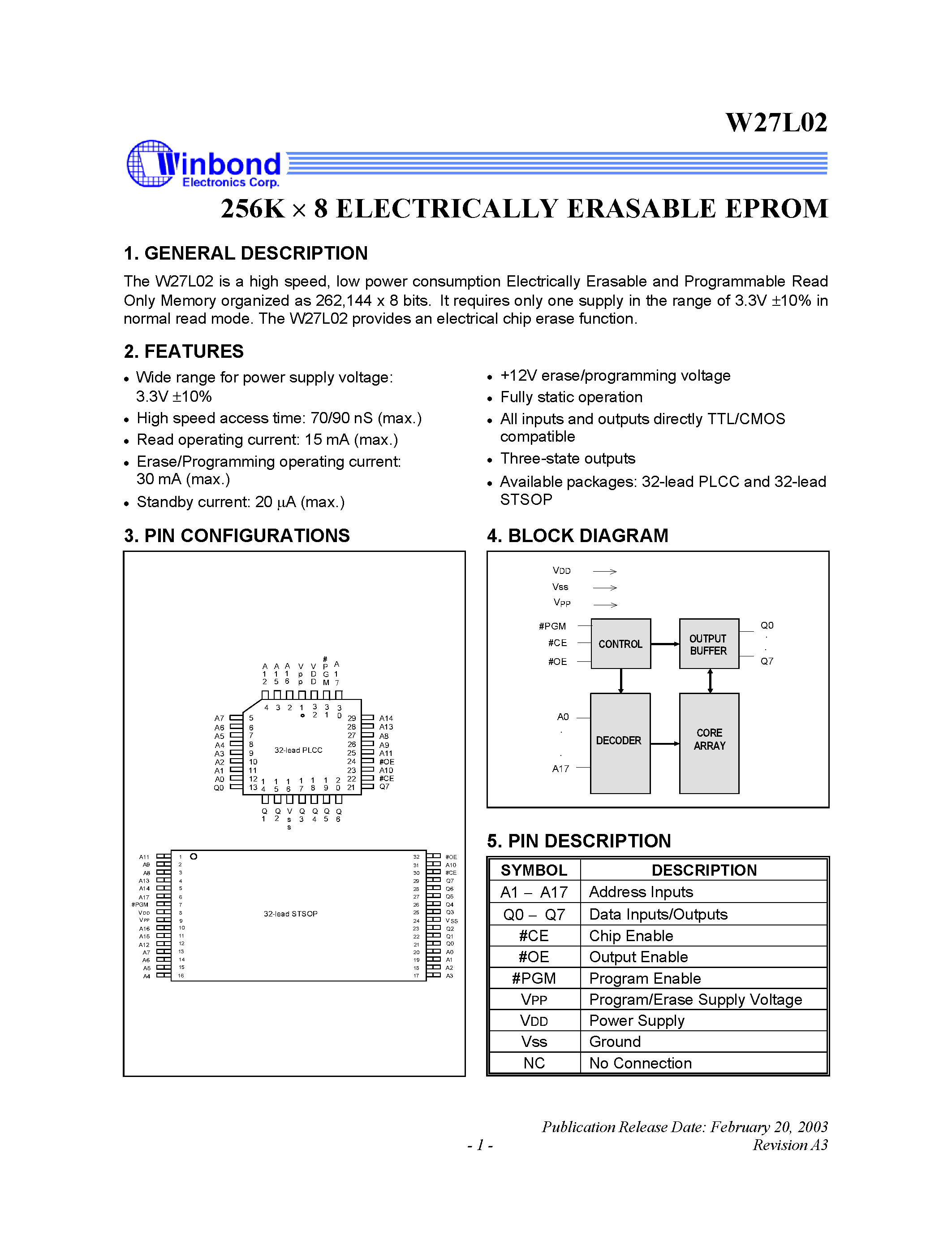 Datasheet W27L02 - 256K X 8 ELECTRIC ALLY ERASABLE EPROM page 1