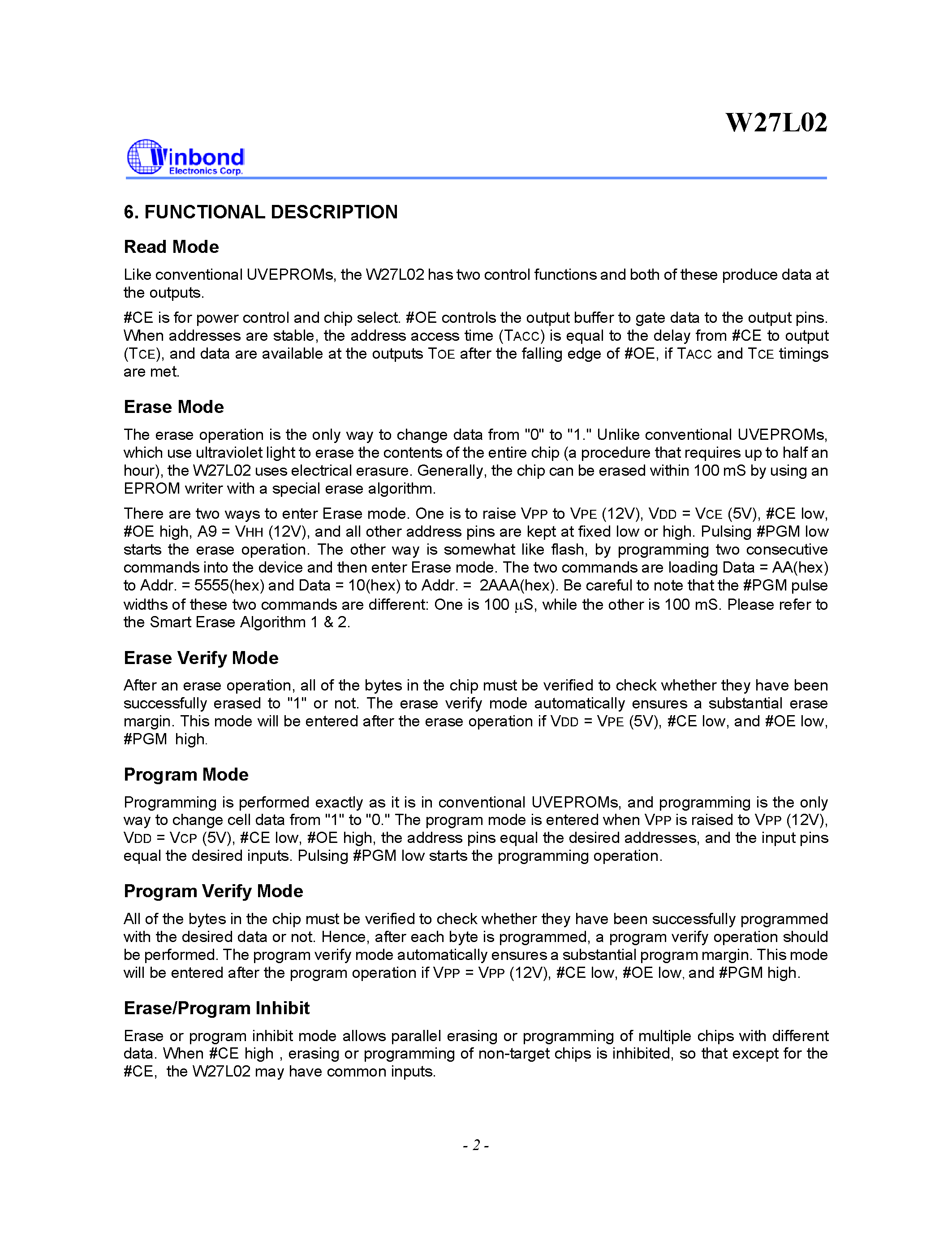 Datasheet W27L02 - 256K X 8 ELECTRIC ALLY ERASABLE EPROM page 2