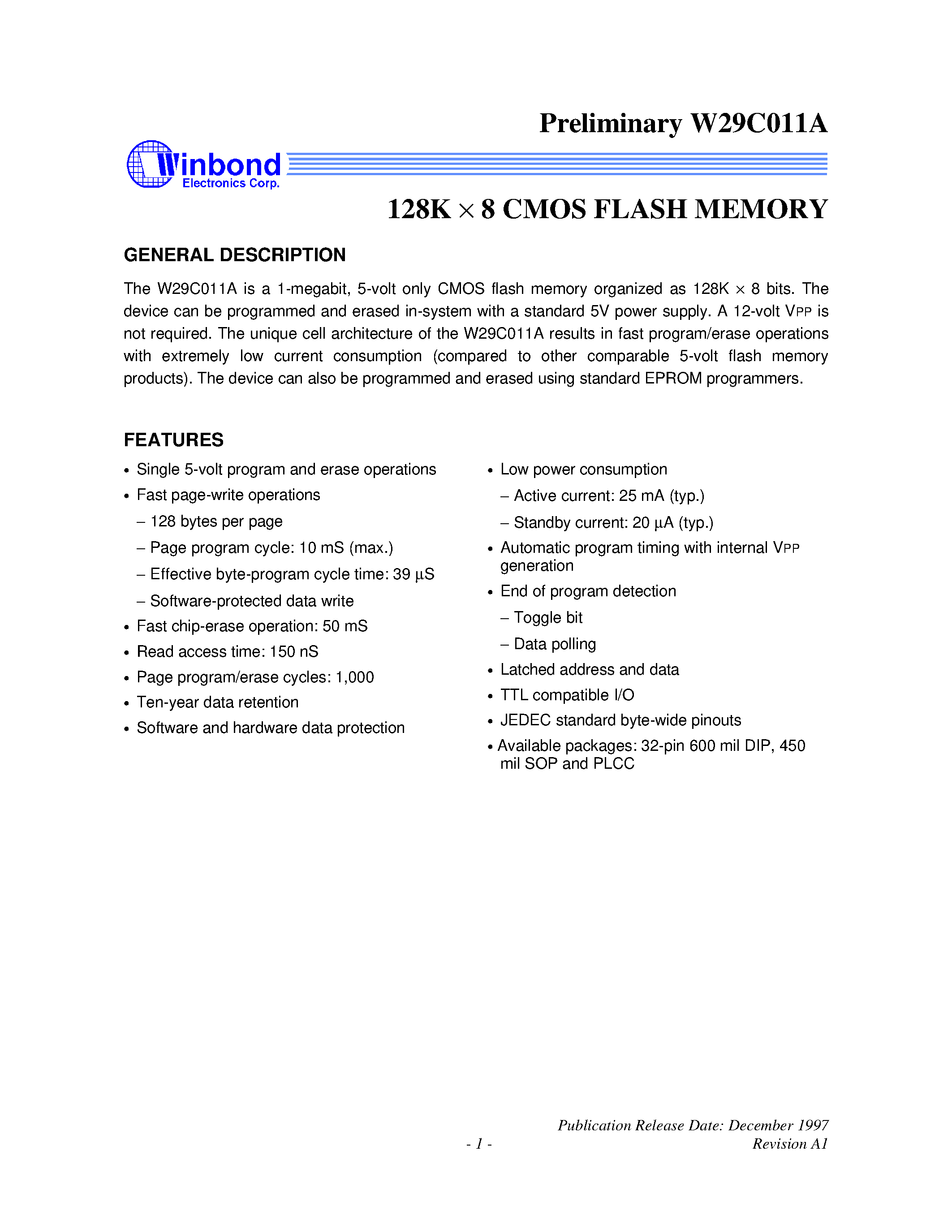 Datasheet W29C011A - 128K X 8 CMOS FLASH MEMORY page 1