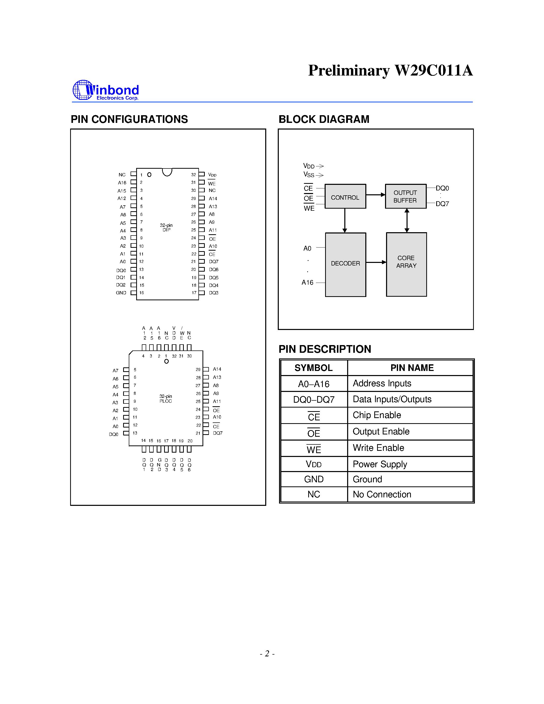 Datasheet W29C011A - 128K X 8 CMOS FLASH MEMORY page 2