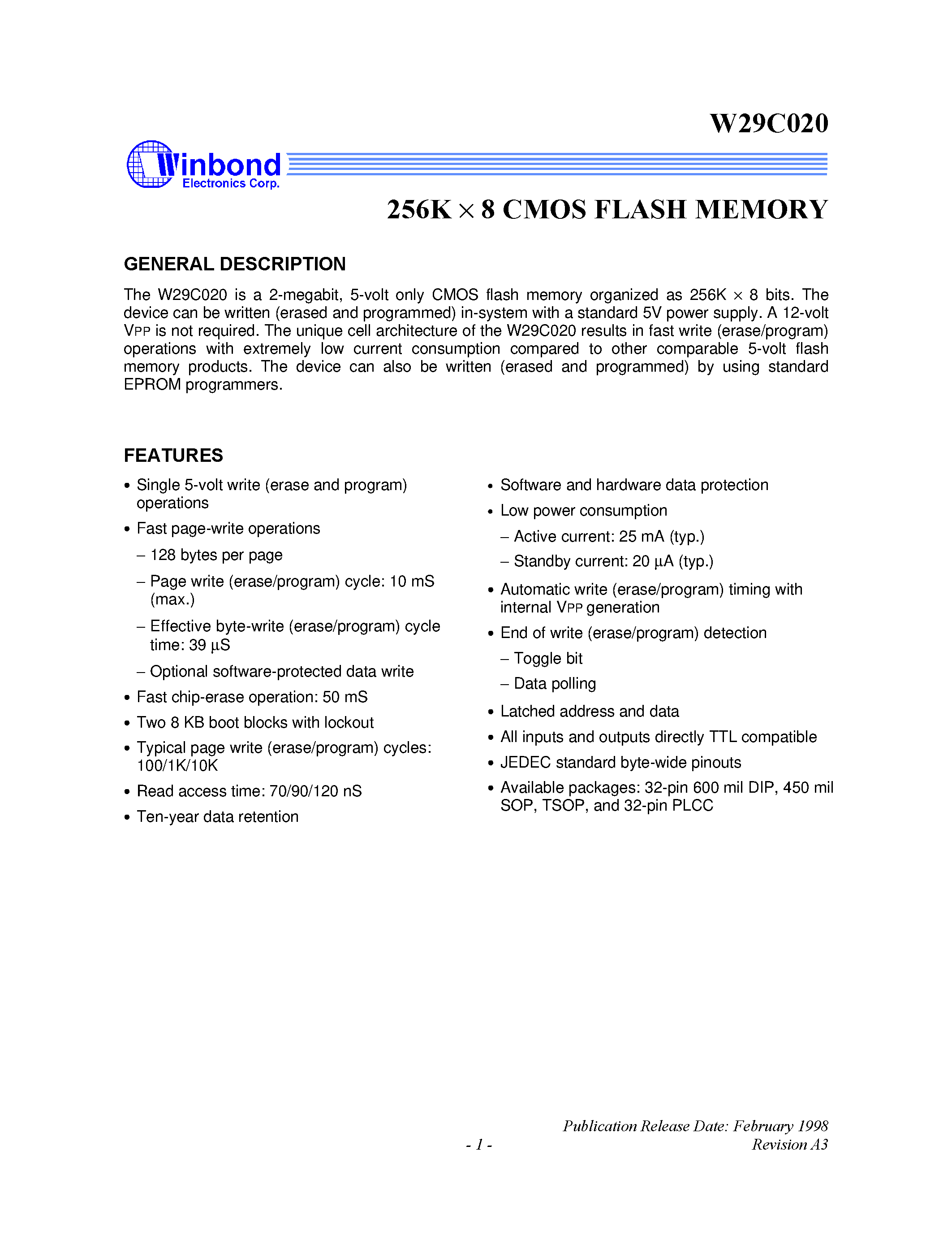 Datasheet W29C020 - 256K X 8 CMOS FLASH MEMORY page 1