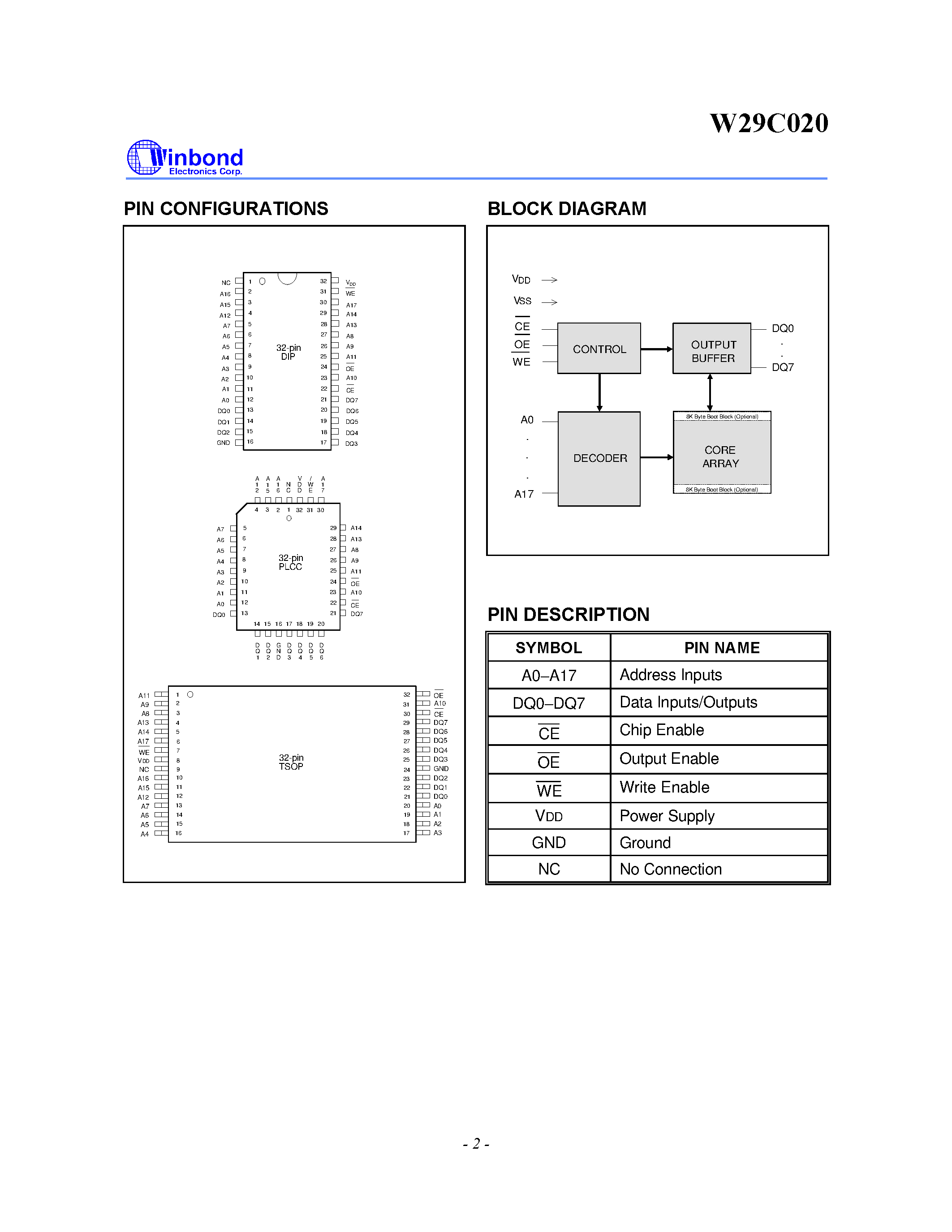 Datasheet W29C020 - 256K X 8 CMOS FLASH MEMORY page 2