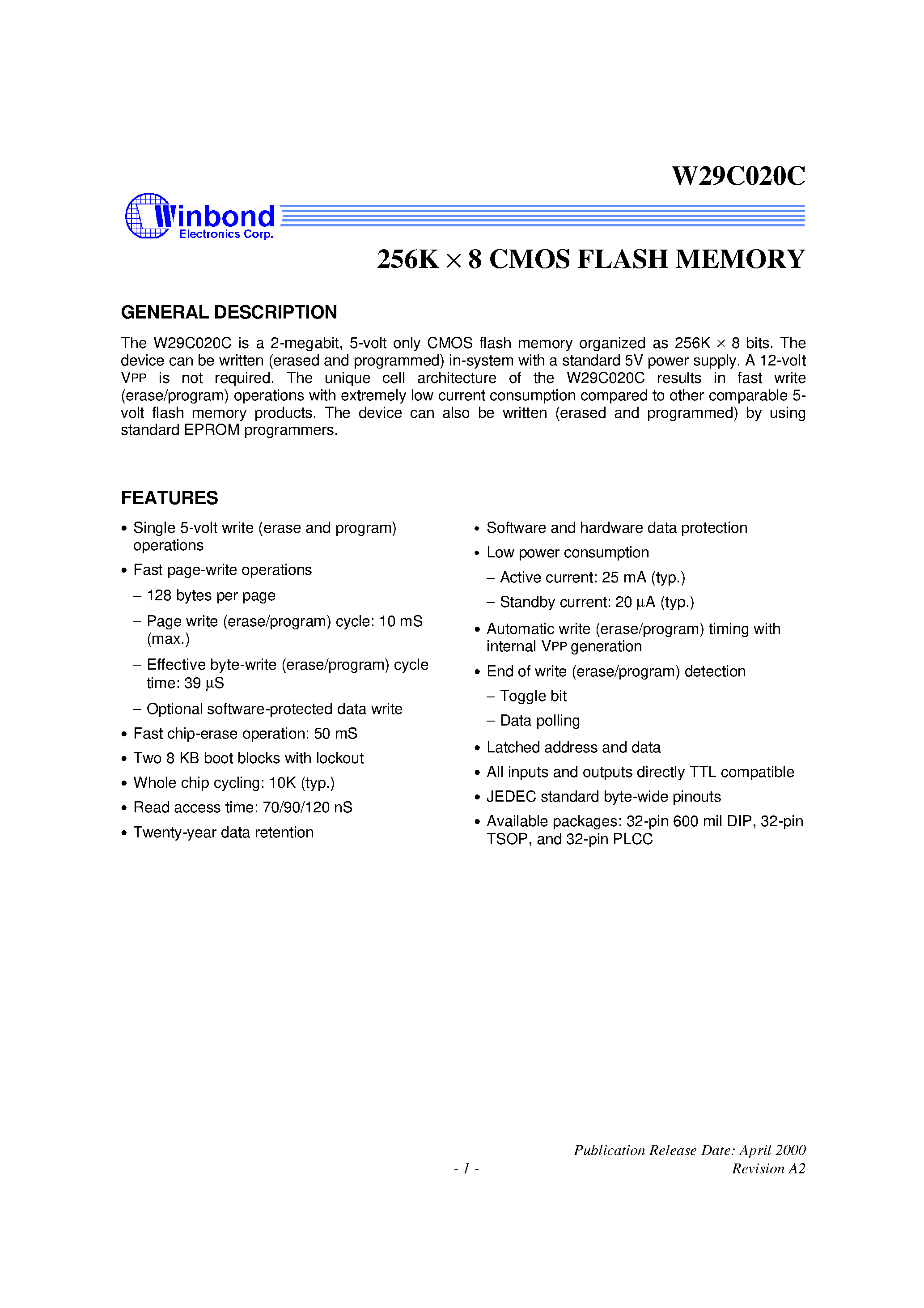 Datasheet W29C020C - 256K X 8 CMOS FLASH MEMORY page 1