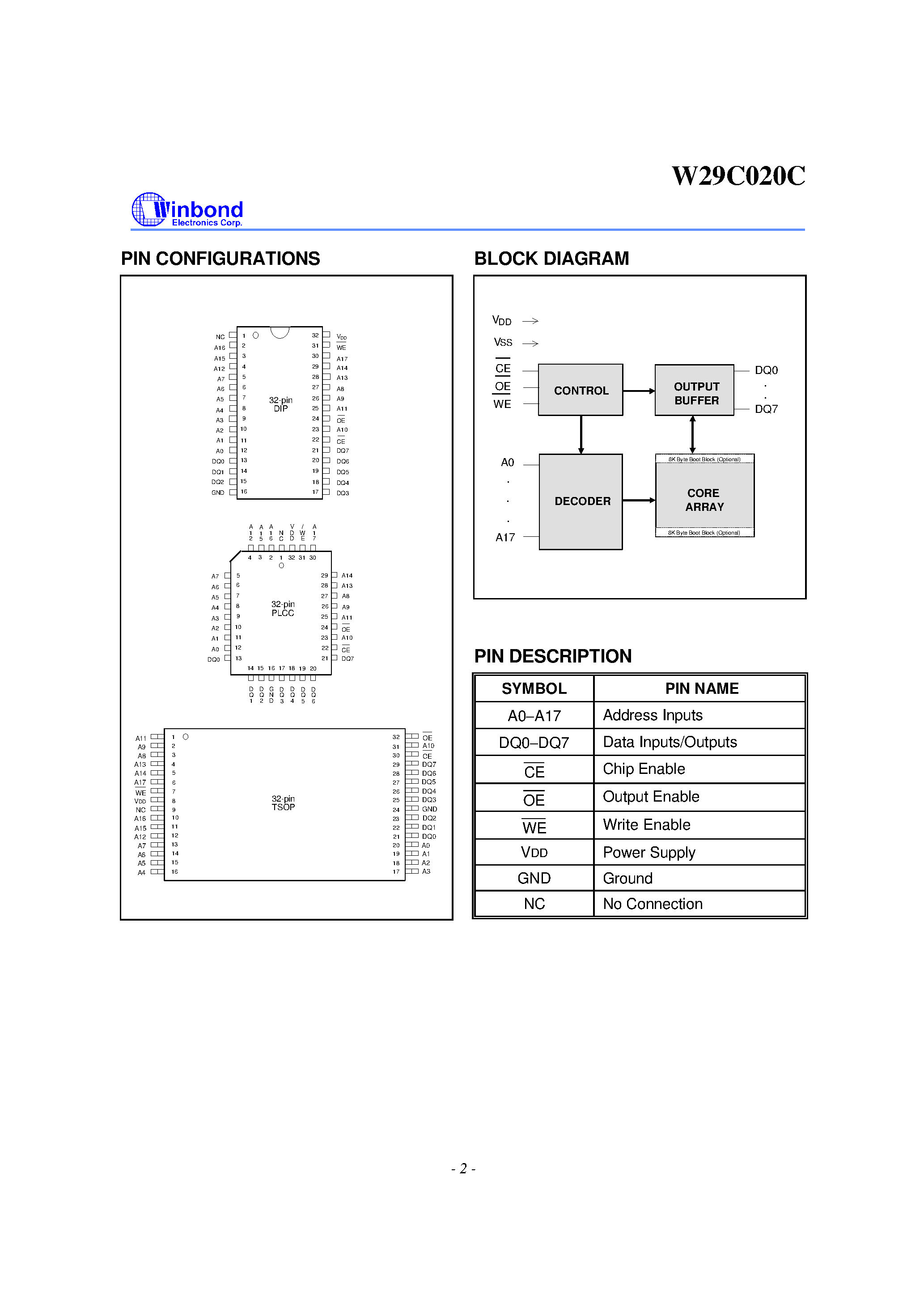 Datasheet W29C020C - 256K X 8 CMOS FLASH MEMORY page 2