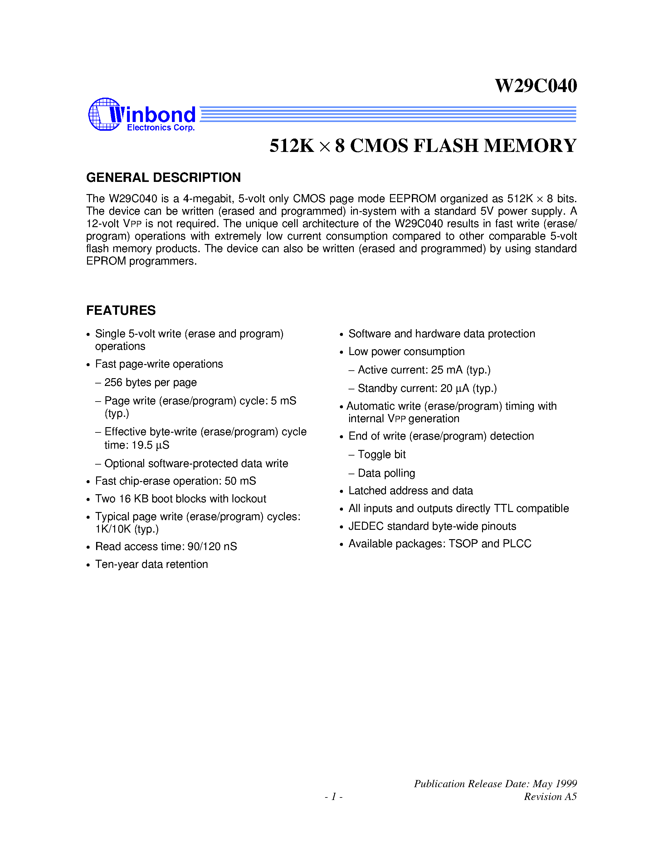 Datasheet W29C040 - 512K X 8 CMOS FLASH MEMORY page 1