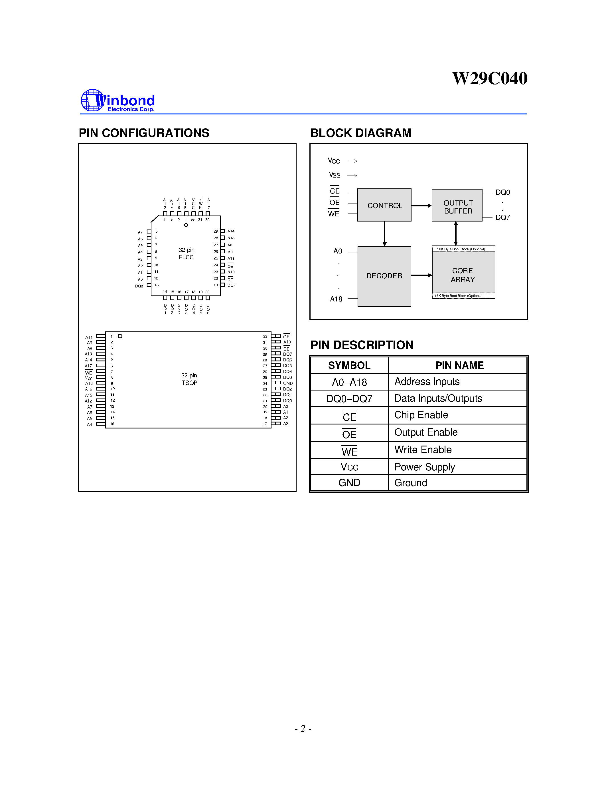 Datasheet W29C040 - 512K X 8 CMOS FLASH MEMORY page 2