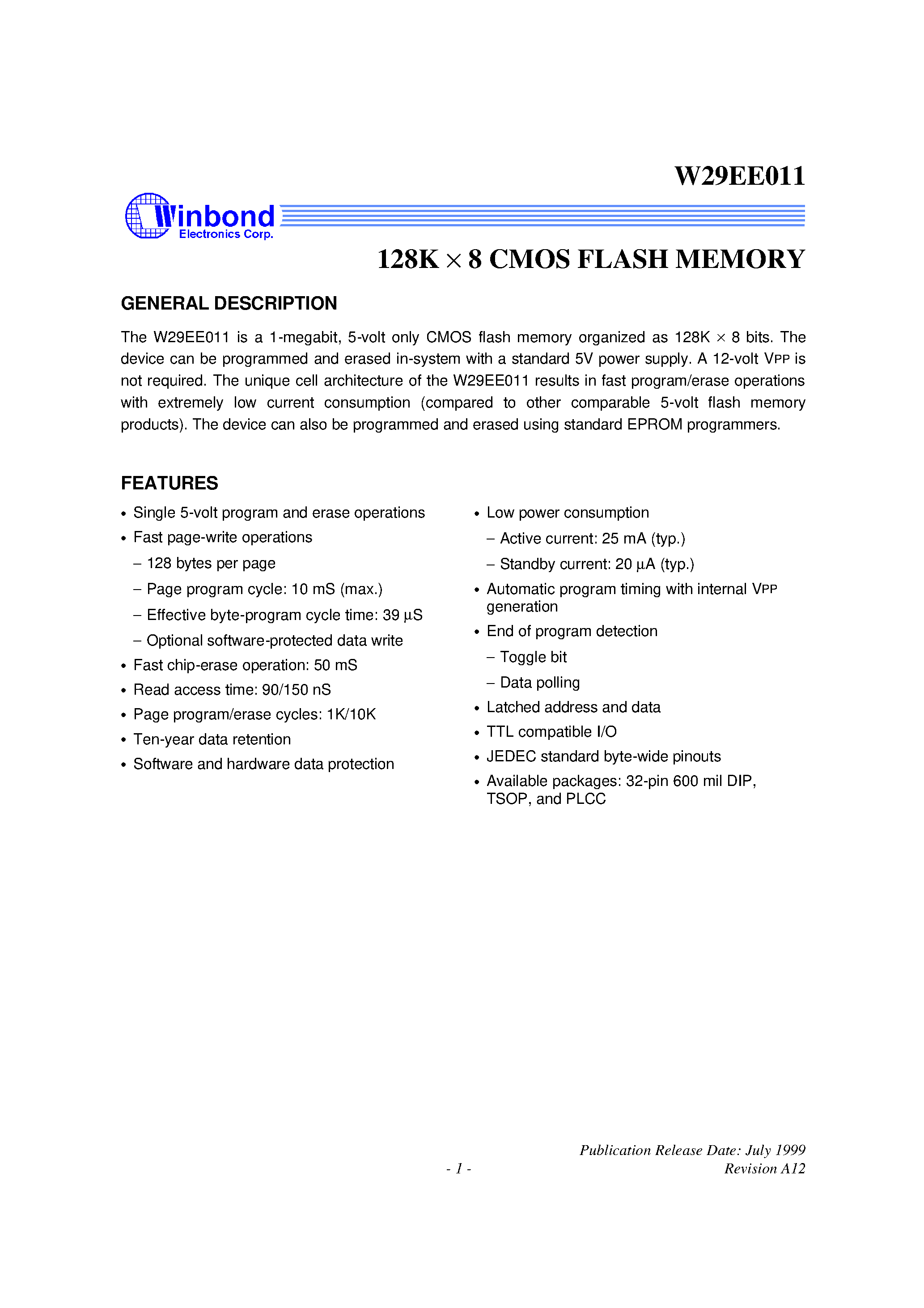 Datasheet W29EE011 - 128K X 8 CMOS FLASH MEMORY page 1