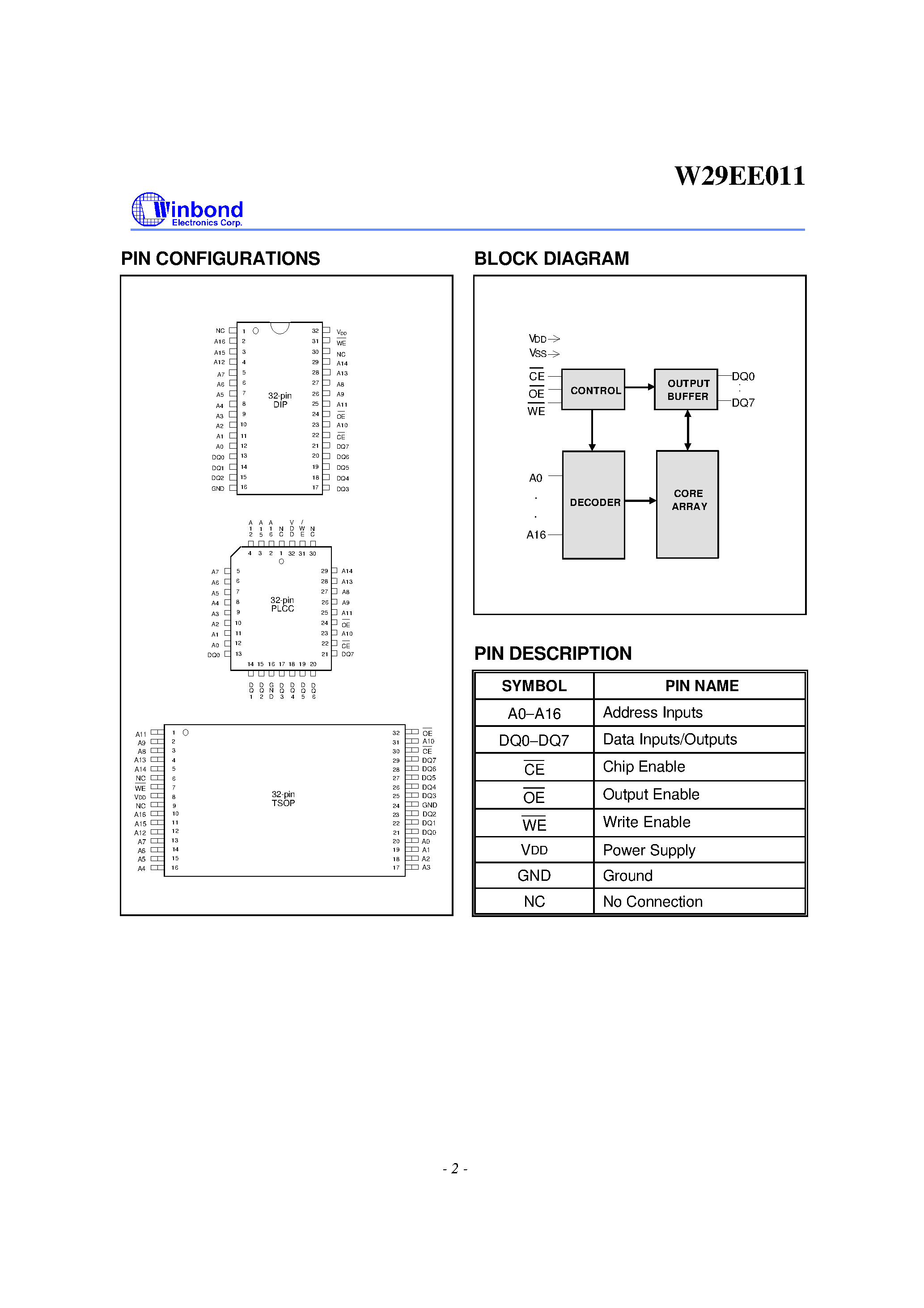 Datasheet W29EE011 - 128K X 8 CMOS FLASH MEMORY page 2