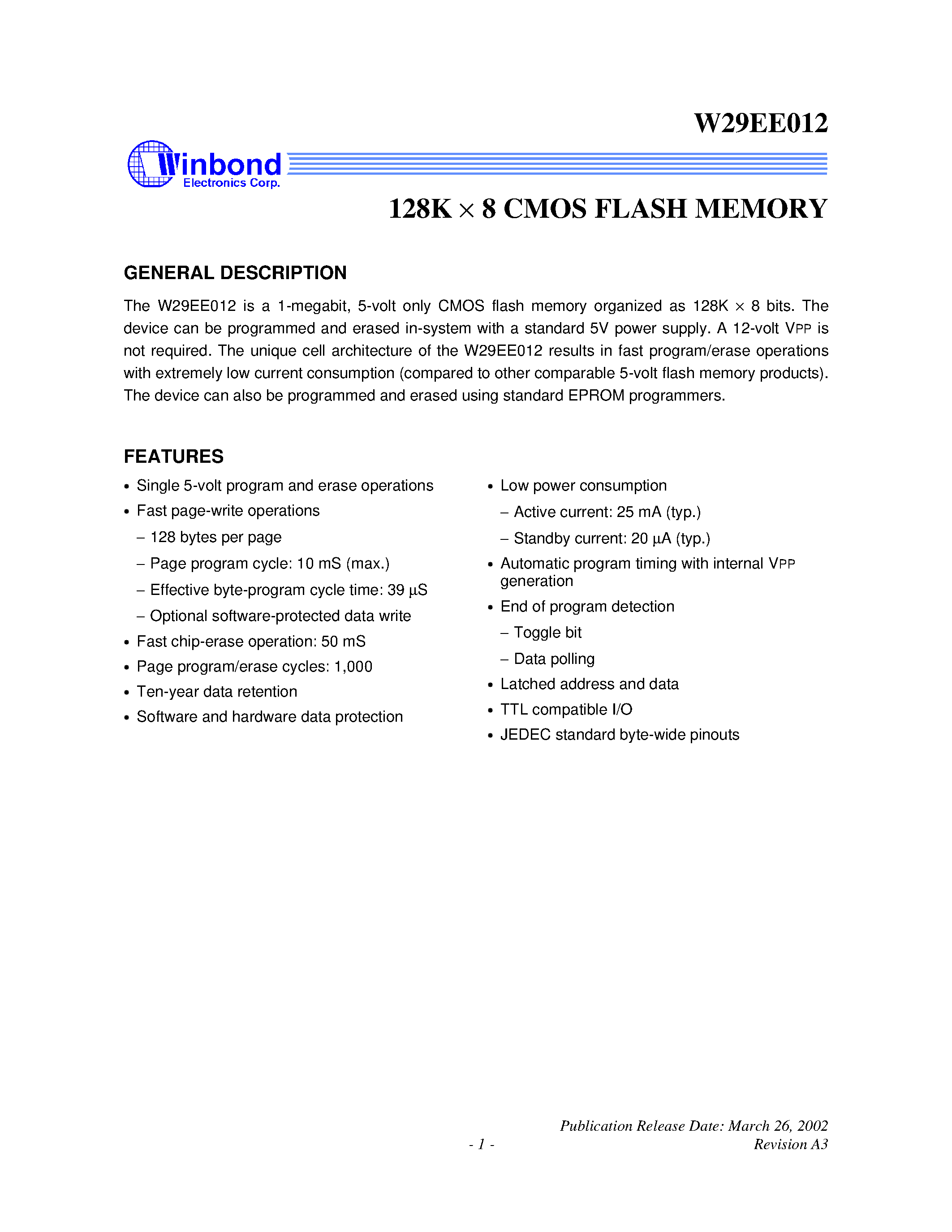 Datasheet W29EE012 - 128K X 8 CMOS FLASH MEMORY page 1