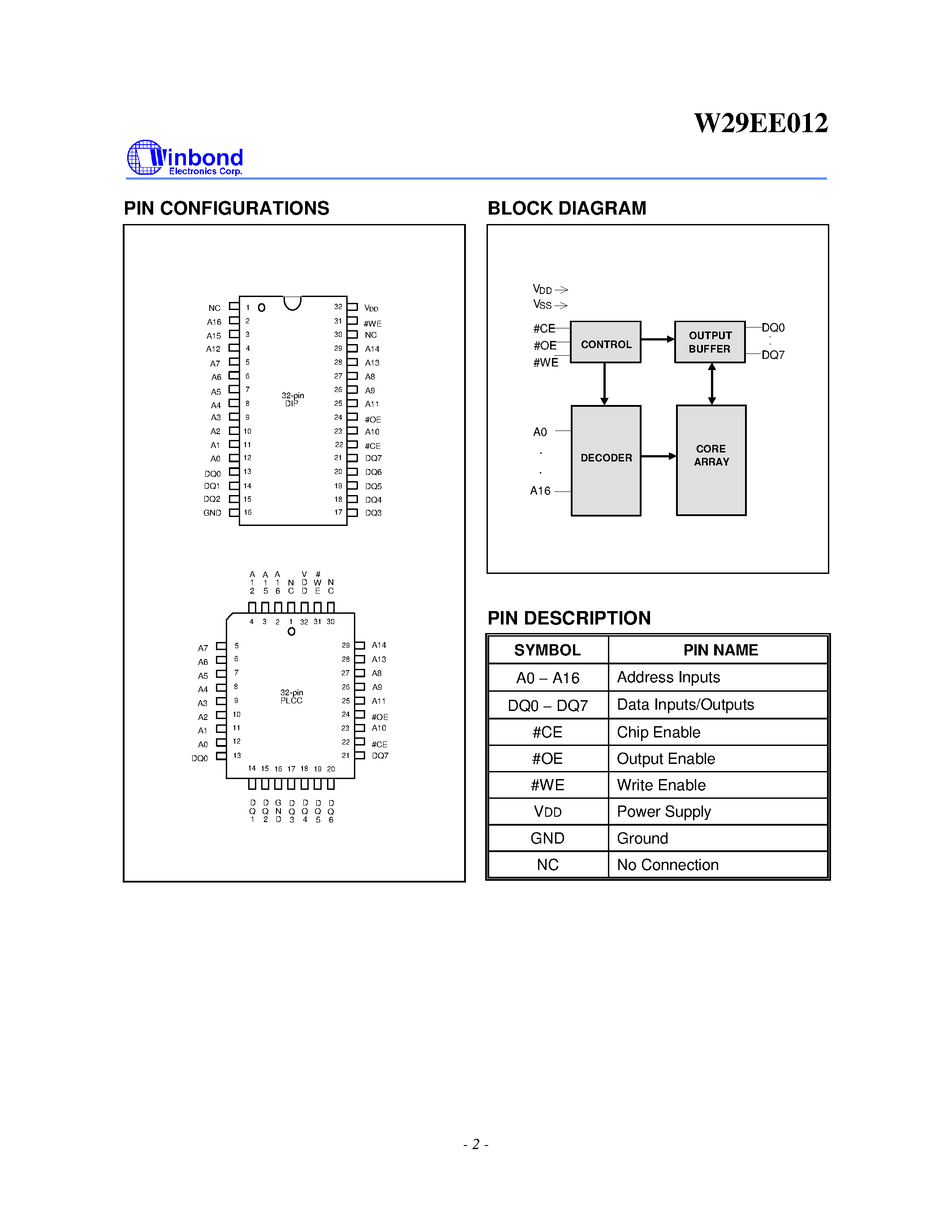 Datasheet W29EE012 - 128K X 8 CMOS FLASH MEMORY page 2