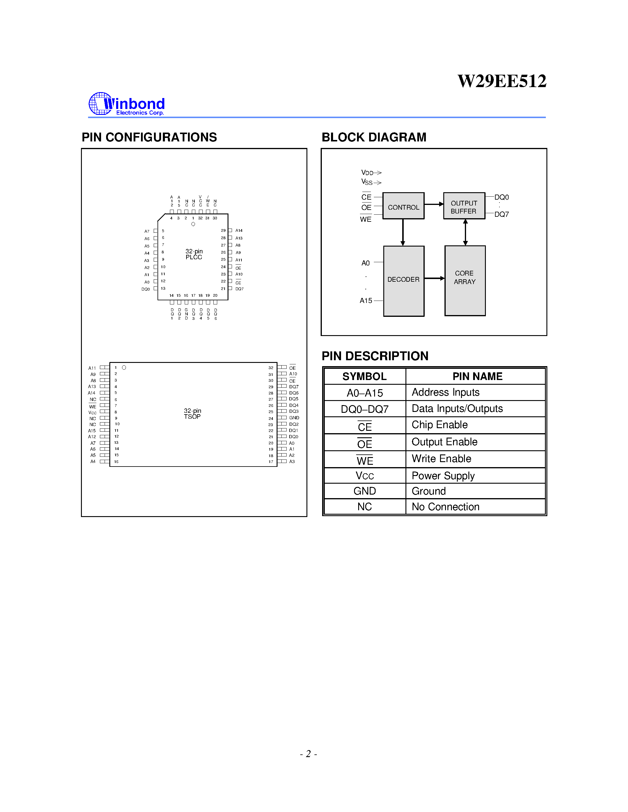 Datasheet W29EE512 - 64K X 8 CMOS FLASH MEMORY page 2