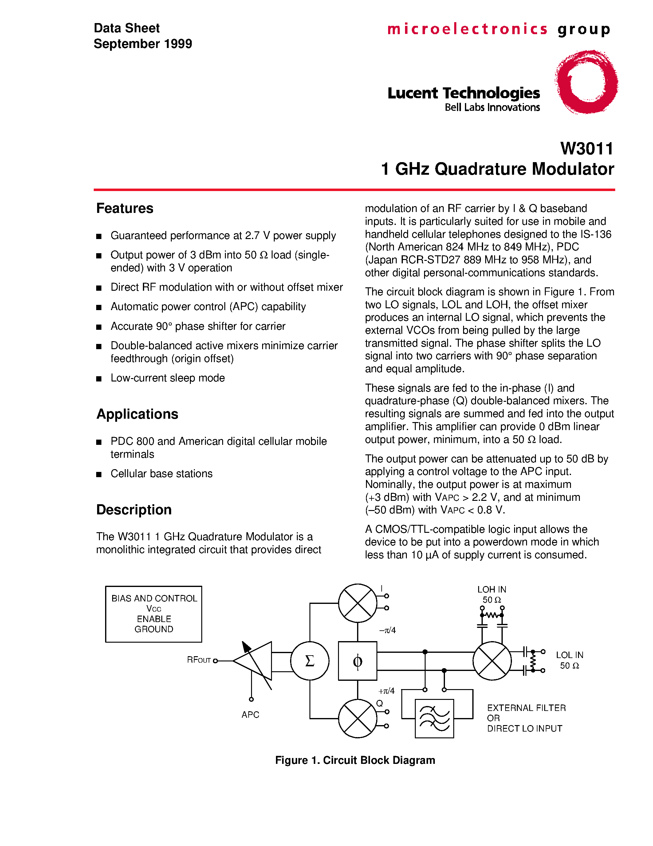 Даташит W3011 - 1 GHz Quadrature Modulator страница 1