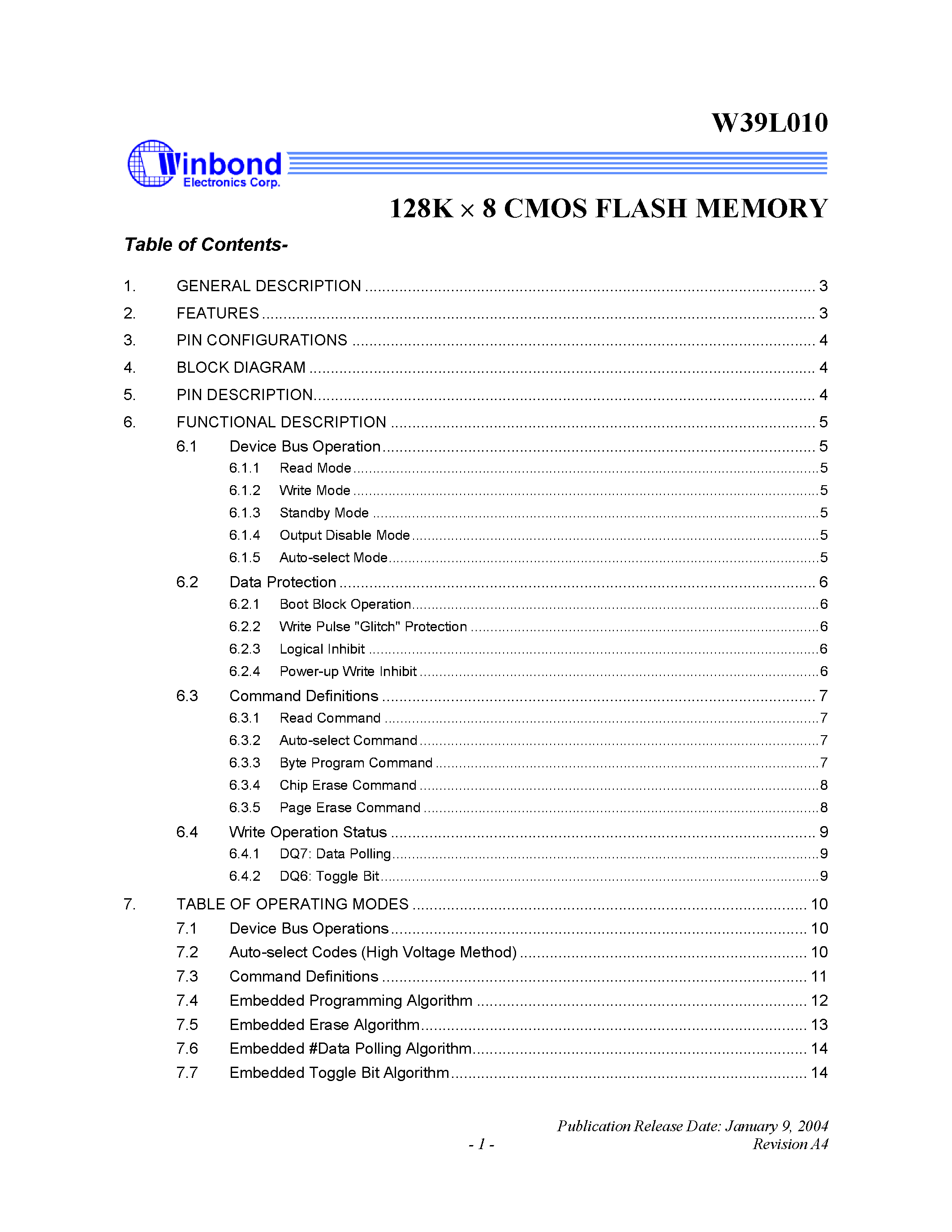 Datasheet W39L010 - 128K X 8 CMOS FLASH MEMORY page 1