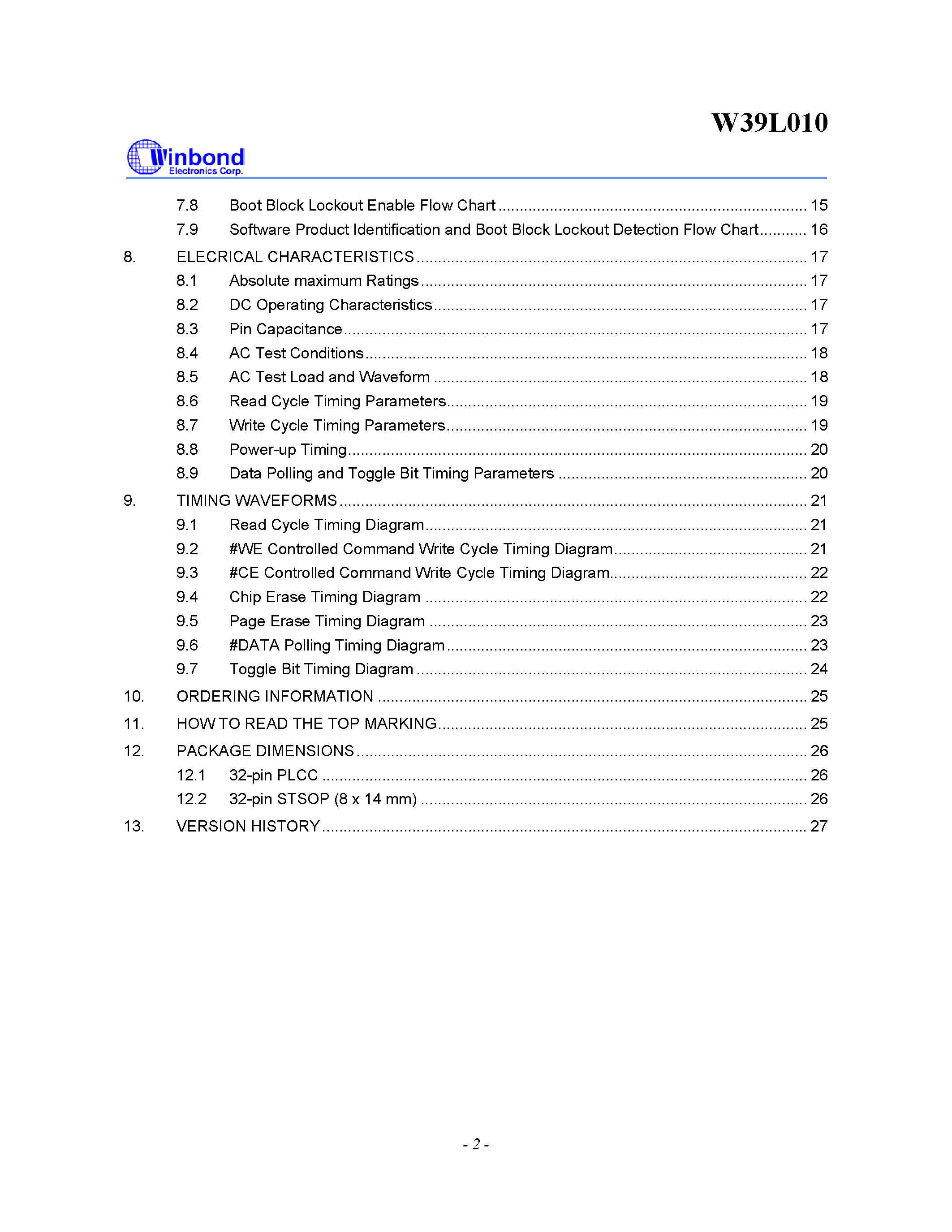 Datasheet W39L010 - 128K X 8 CMOS FLASH MEMORY page 2