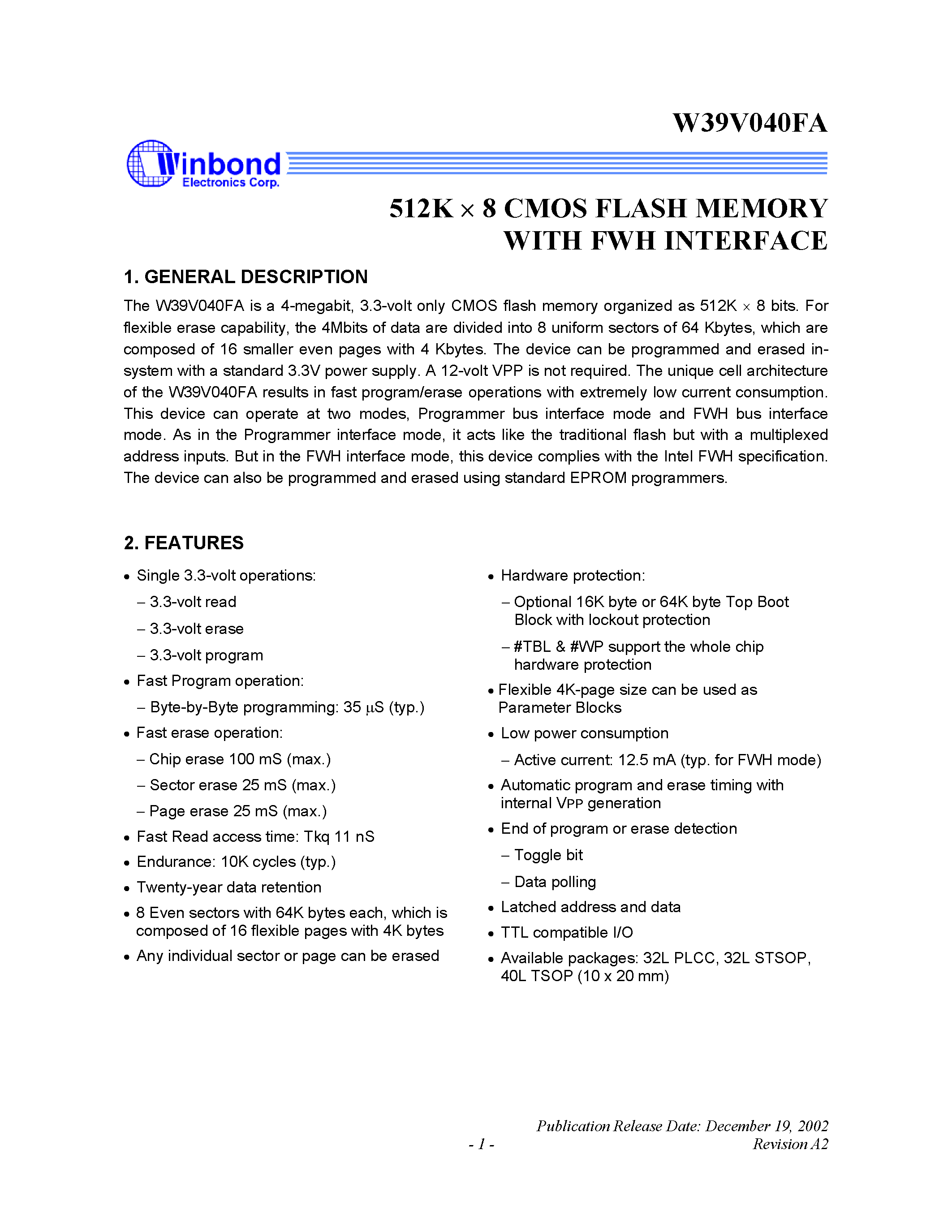 Datasheet W39V040FA - 512K X 8 CMOS FLASH MEMORY WITH FWH INERFACE page 1