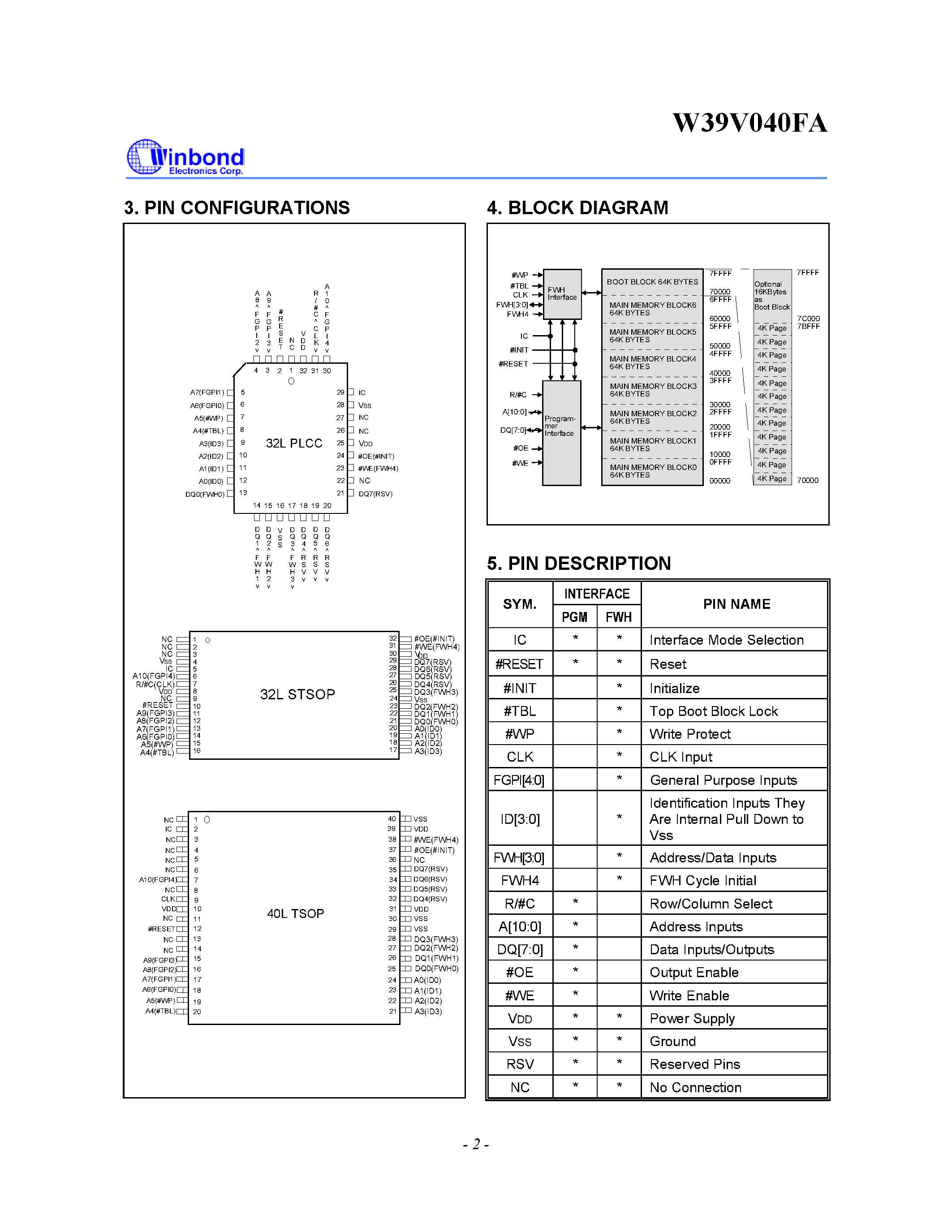 Datasheet W39V040FA - 512K X 8 CMOS FLASH MEMORY WITH FWH INERFACE page 2