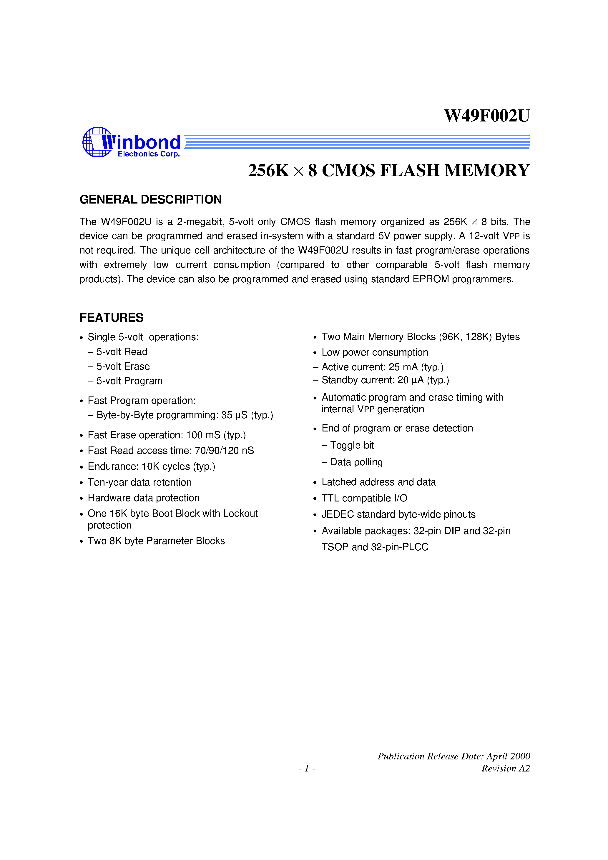 Datasheet W49F002 - 256K X 8 CMOS FLASH MEMORY page 1