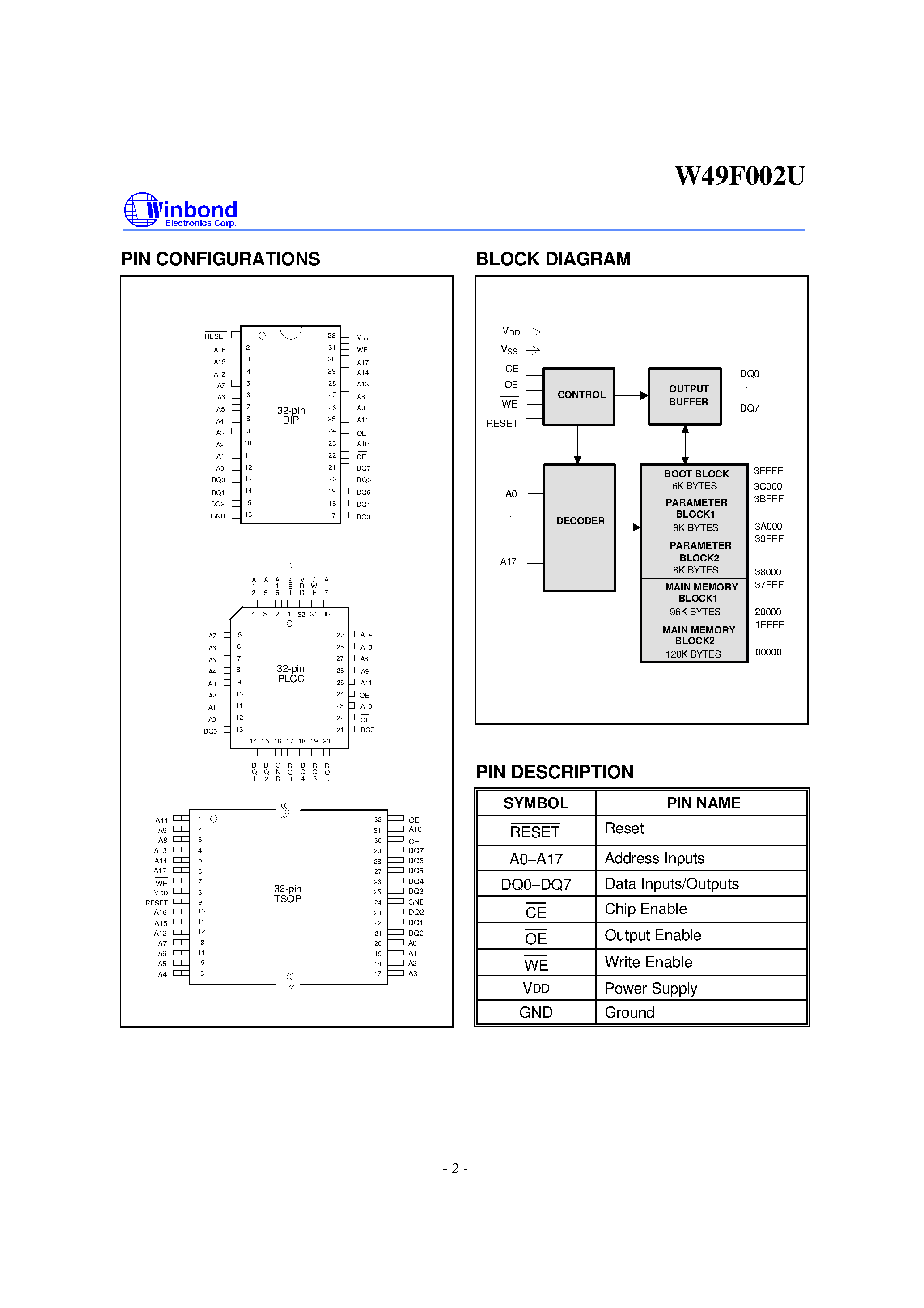 Datasheet W49F002 - 256K X 8 CMOS FLASH MEMORY page 2