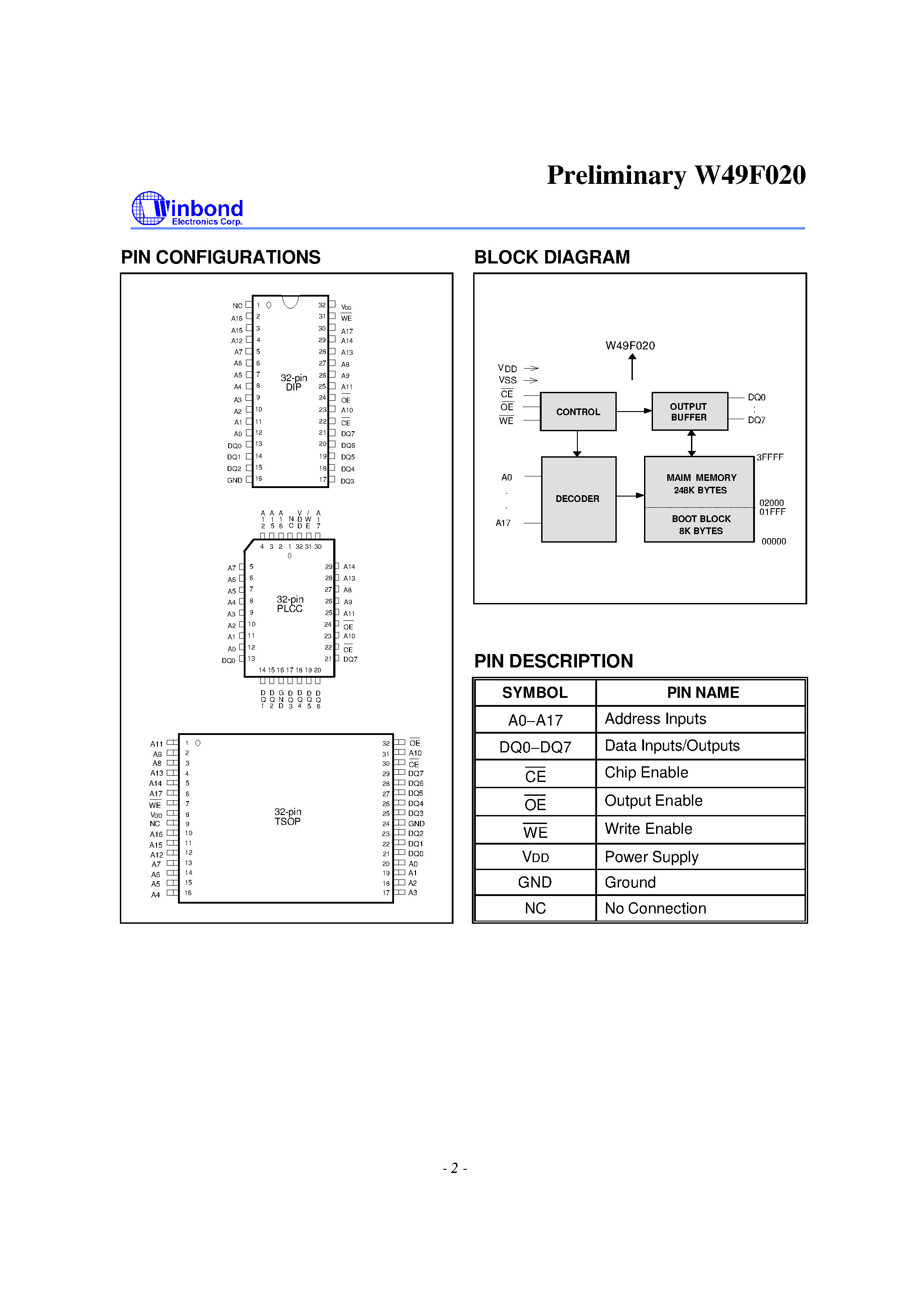 Datasheet W49F020 - 256K X 8 CMOS FLASH MEMORY page 2