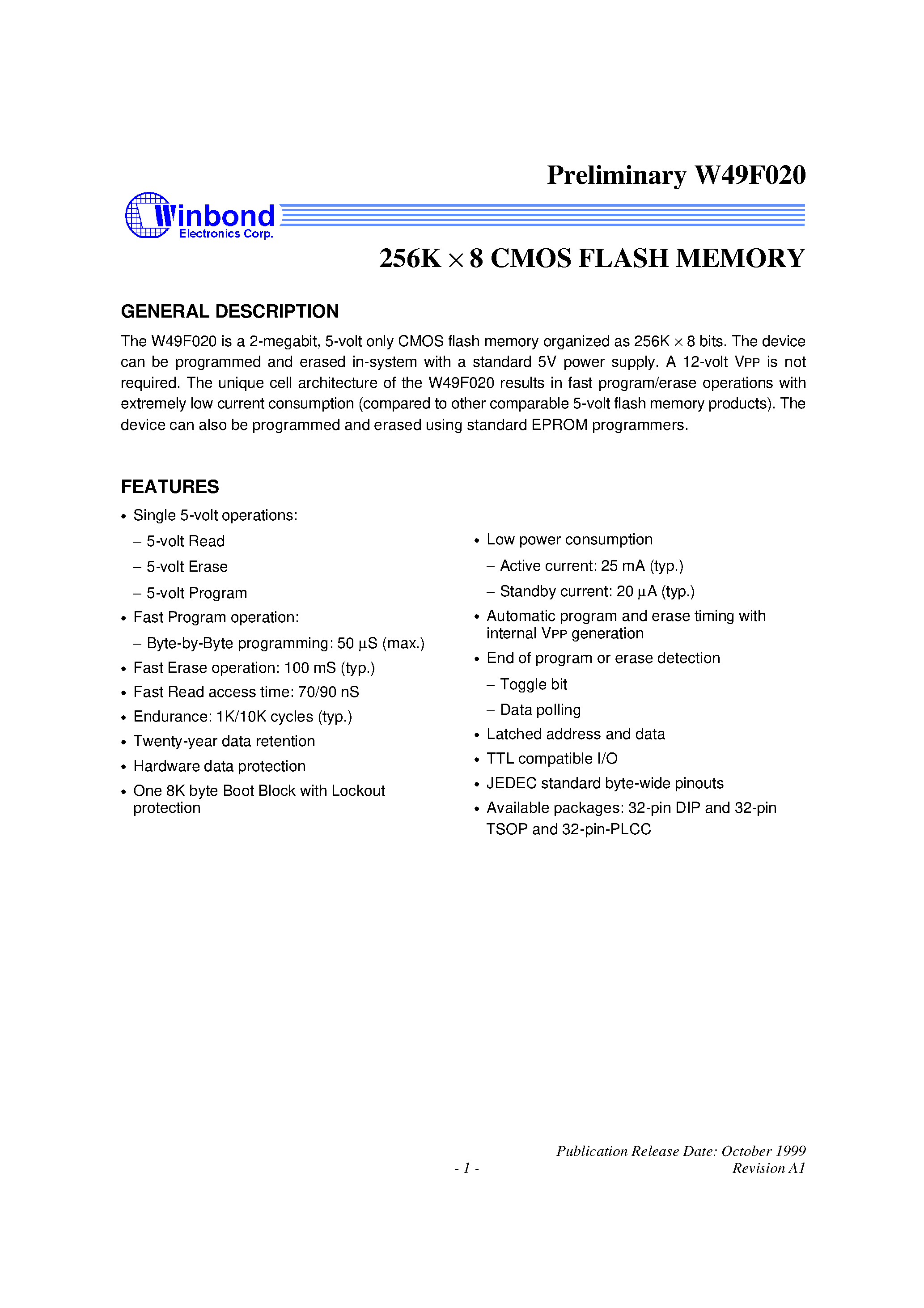 Datasheet W49F020P-70 - 256K X 8 CMOS FLASH MEMORY page 1