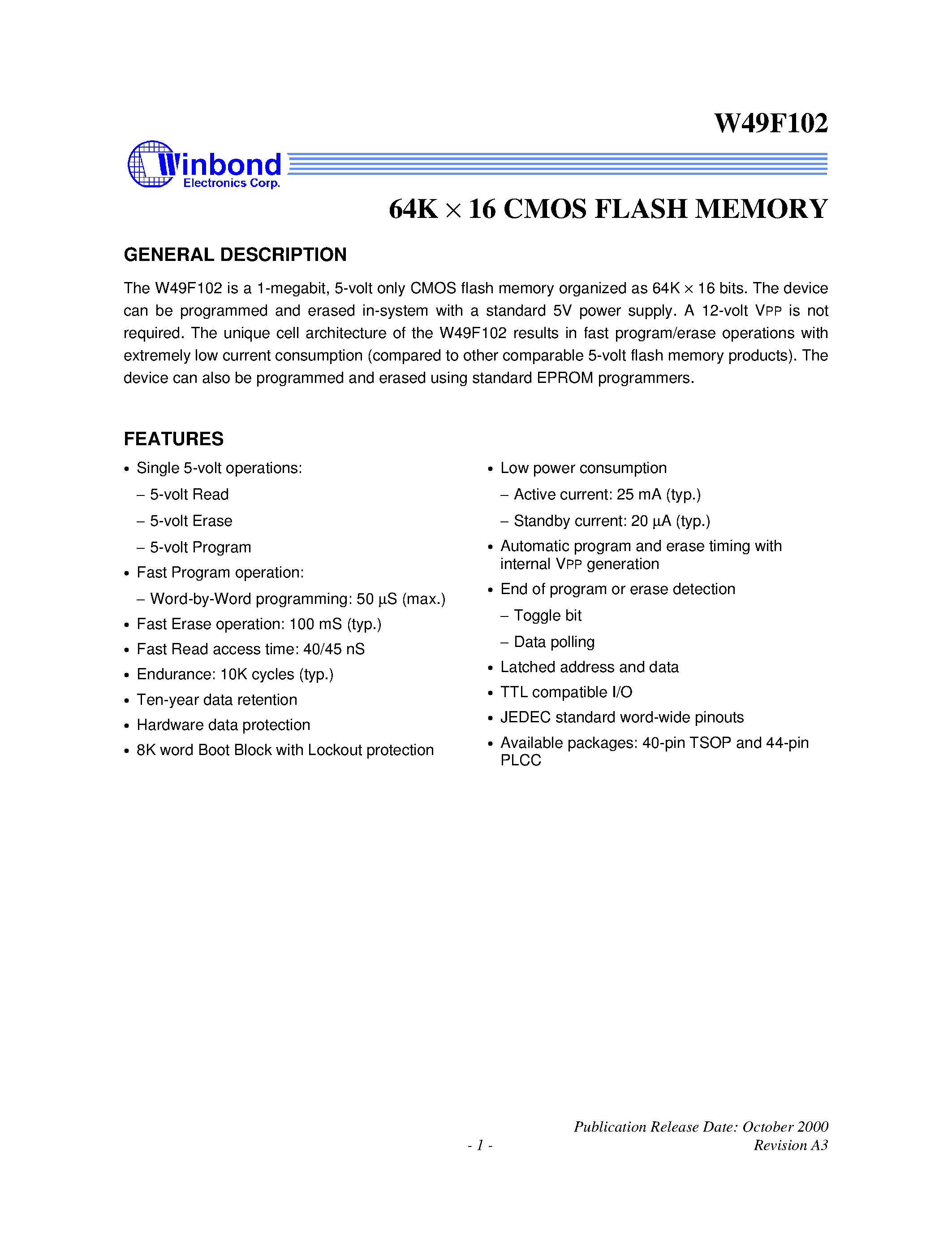 Datasheet W49F102 - 64K X 16 CMOS FLASH MEMORY page 1