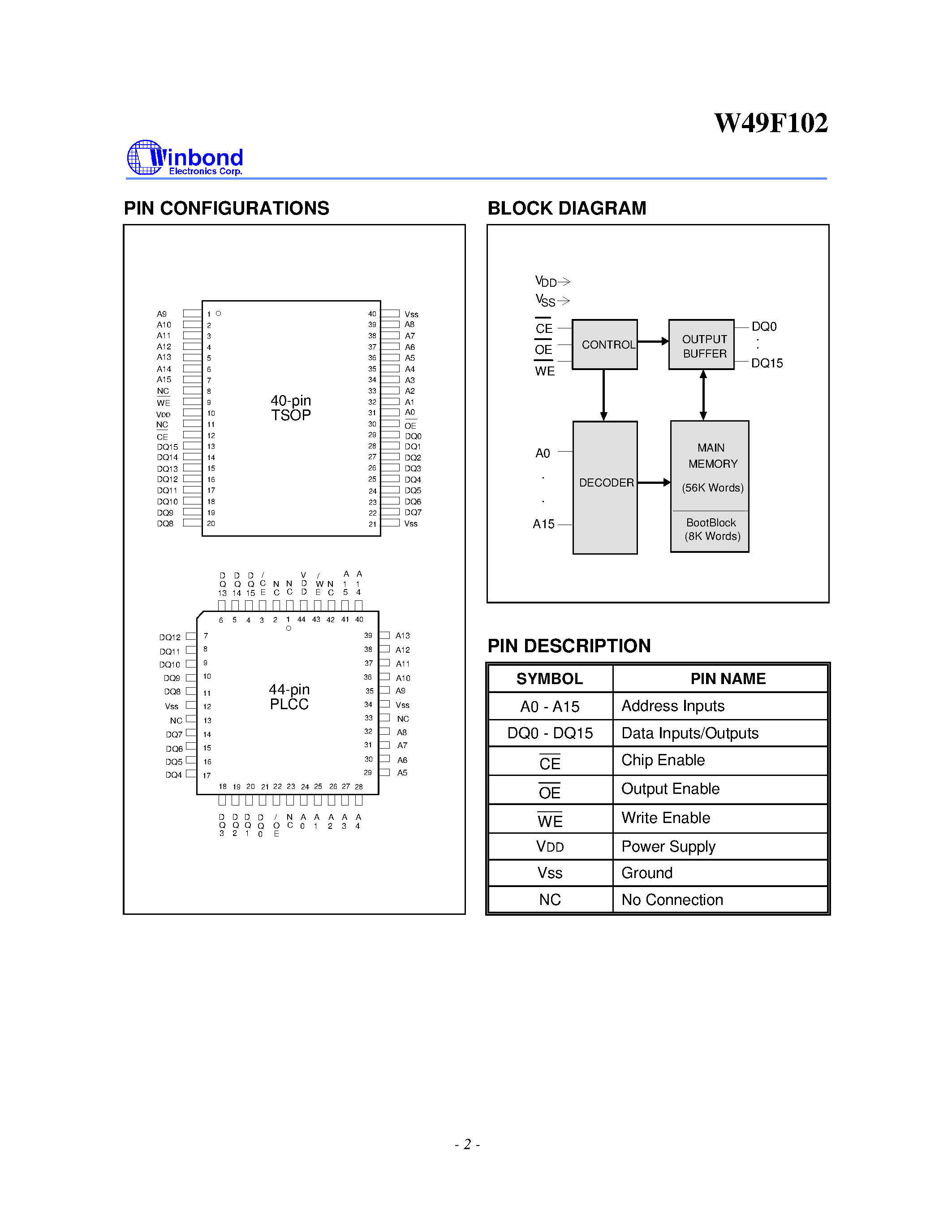 Datasheet W49F102 - 64K X 16 CMOS FLASH MEMORY page 2