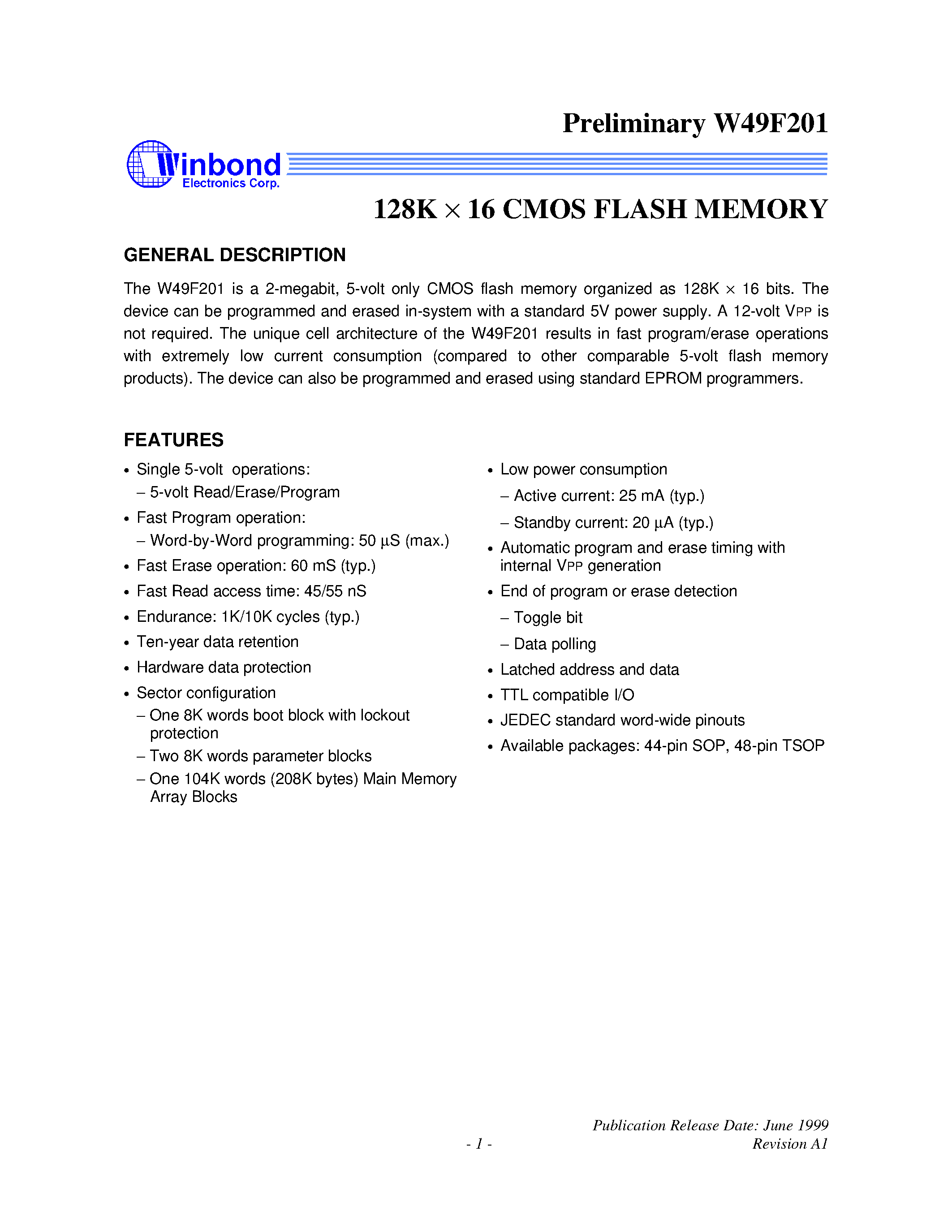 Datasheet W49F201 - 128K X 16 CMOS FLASH MEMORY page 1