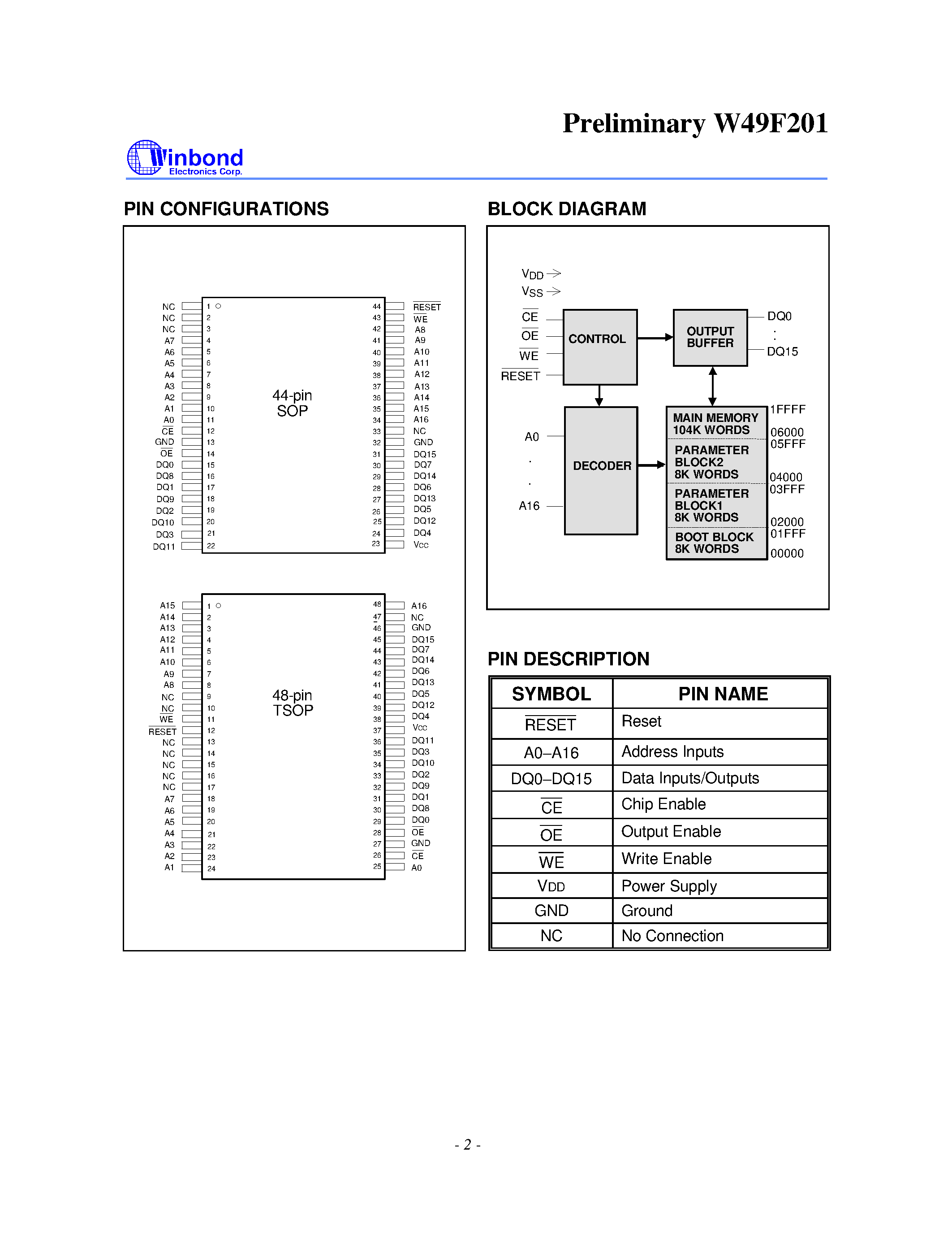 Datasheet W49F201 - 128K X 16 CMOS FLASH MEMORY page 2