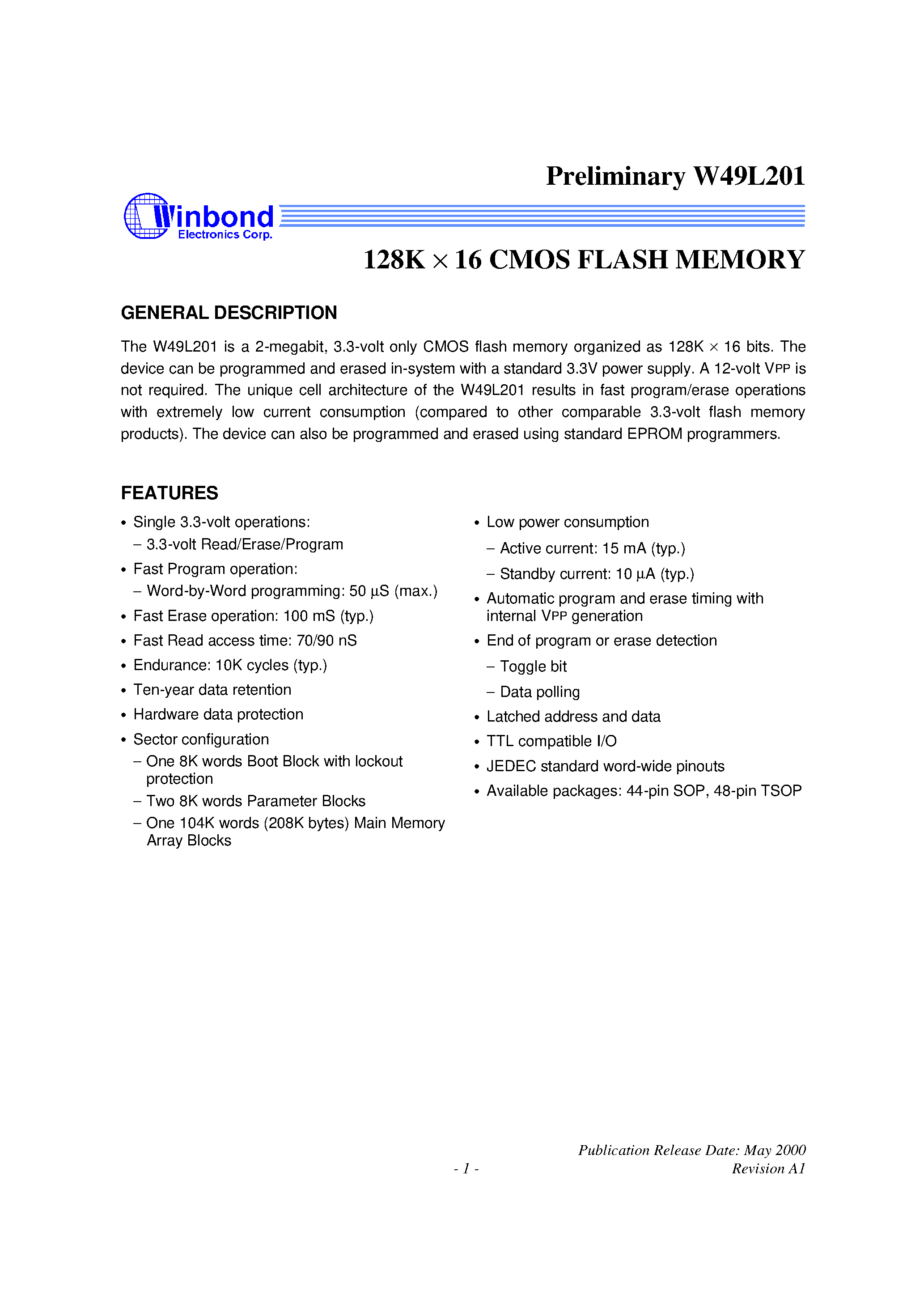 Datasheet W49L201 - 256K X 8 CMOS FLASH MEMORY page 1