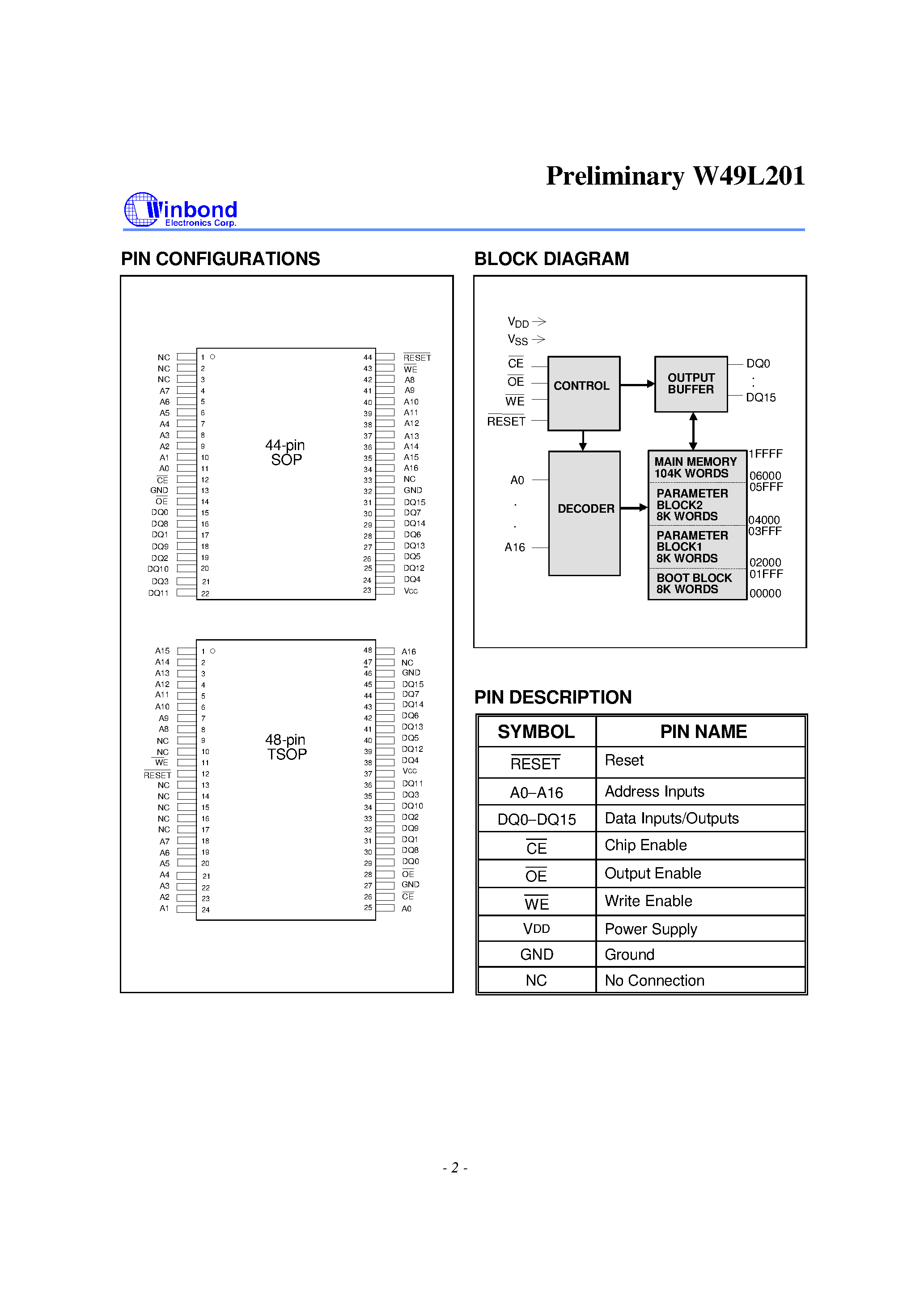 Datasheet W49L201 - 256K X 8 CMOS FLASH MEMORY page 2