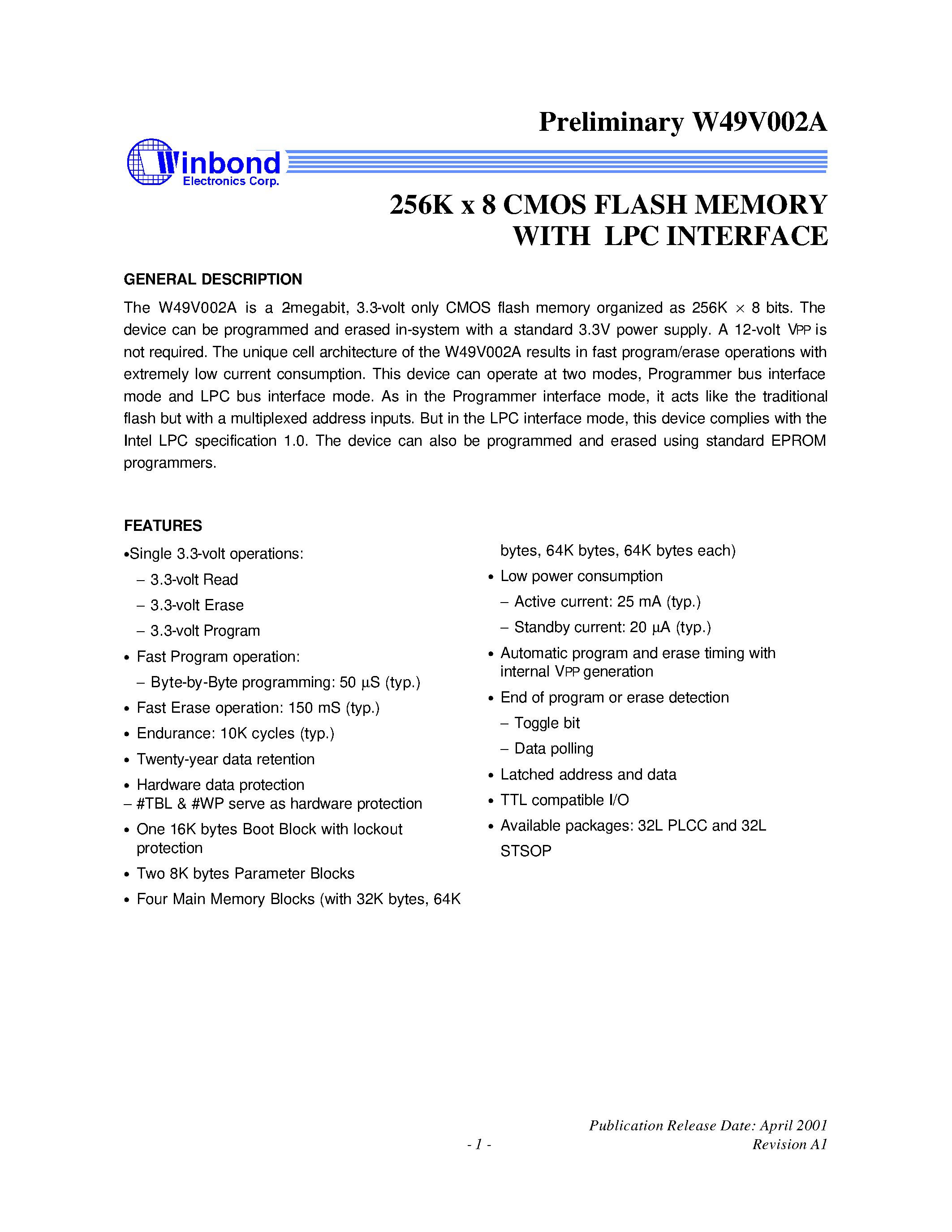 Datasheet W49V002A - 256K x 8 CMOS FLASH MEMORY WITH LPC INTERFACE page 1