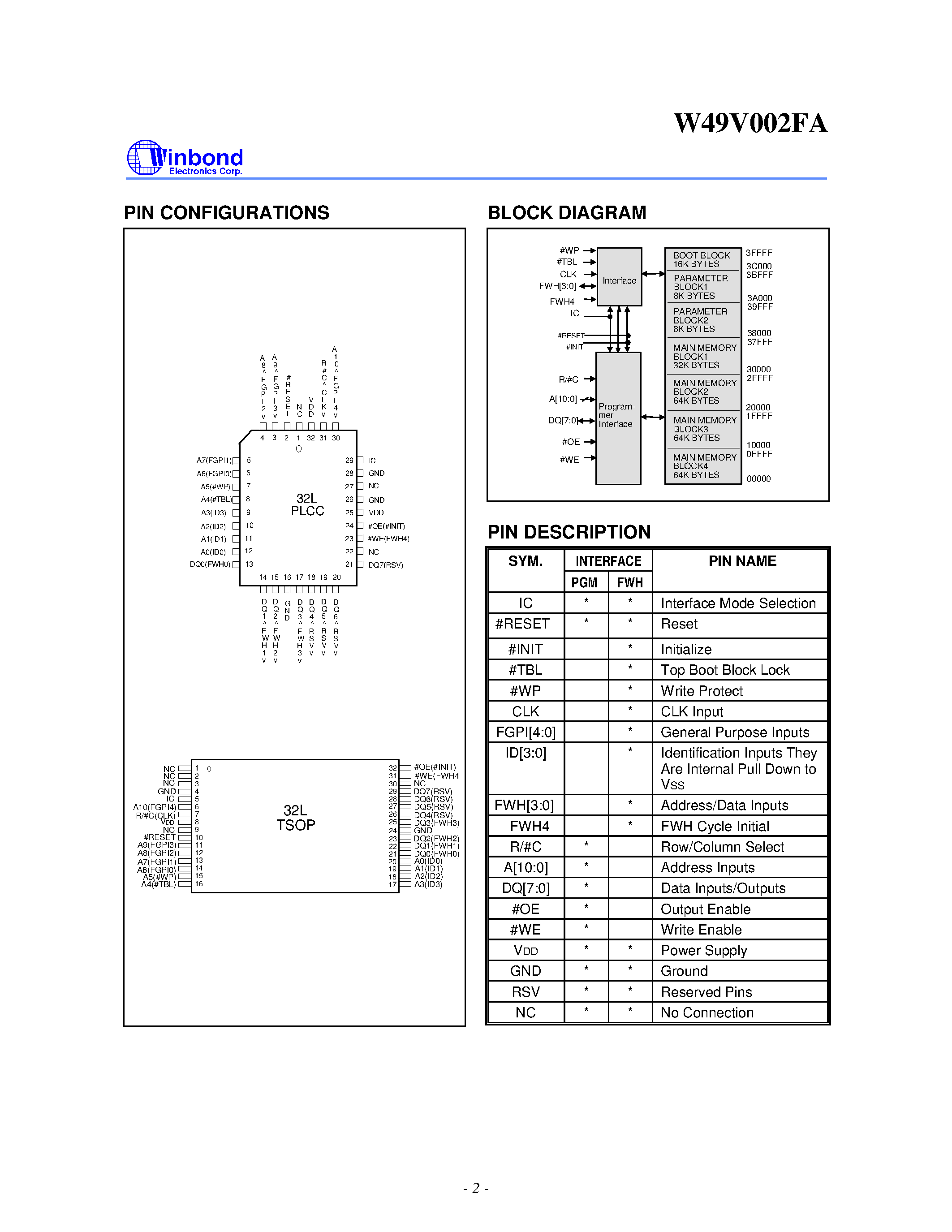 Datasheet W49V002FA - 256K X 8 CMOS FLASH MEMORY WITH FWH INTERFACE page 2